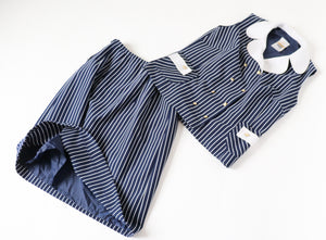 Vintage Skirt and Waistcoat Suit  - 1960s Blue Nautical Striped - Fit L / UK 14