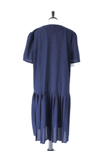 Drop Waist Vintage Dress - 1980s Blue Spotted - Pleated - Fit XL - UK 16/ 18