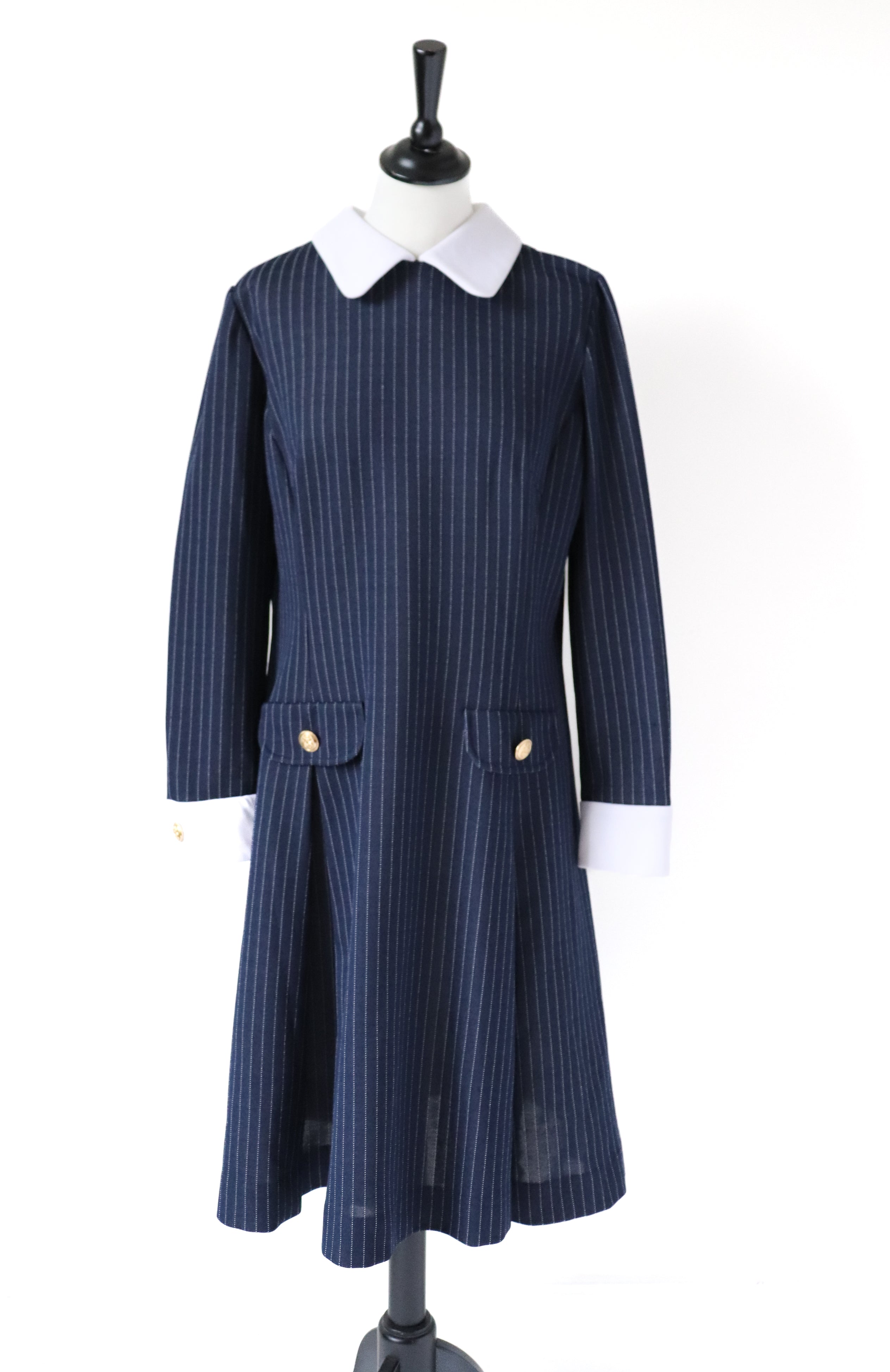 1960s Vintage Blue Pinstripe Dress - Mary Quant Style - Fit M / L - UK 12 / 14