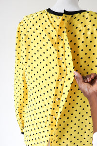 Yellow Spotted Vintage Silk Blouse - Long Sleeves - 1990s - UK 12 / 14