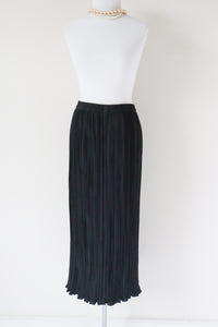 Pleated Black Midi Skirt - Polyester - Vintage 1990s - Upper Class - L / UK 14