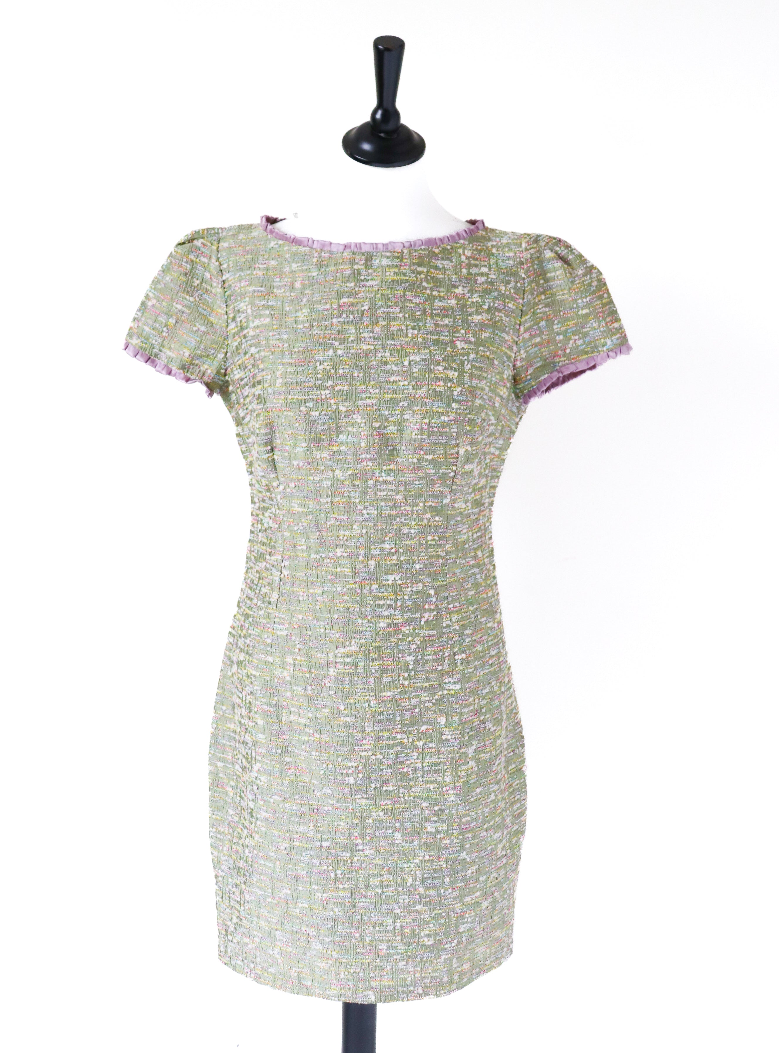 Tweed Bouclé Shift Dress - Green - XXS - Fit UK 6 / 8