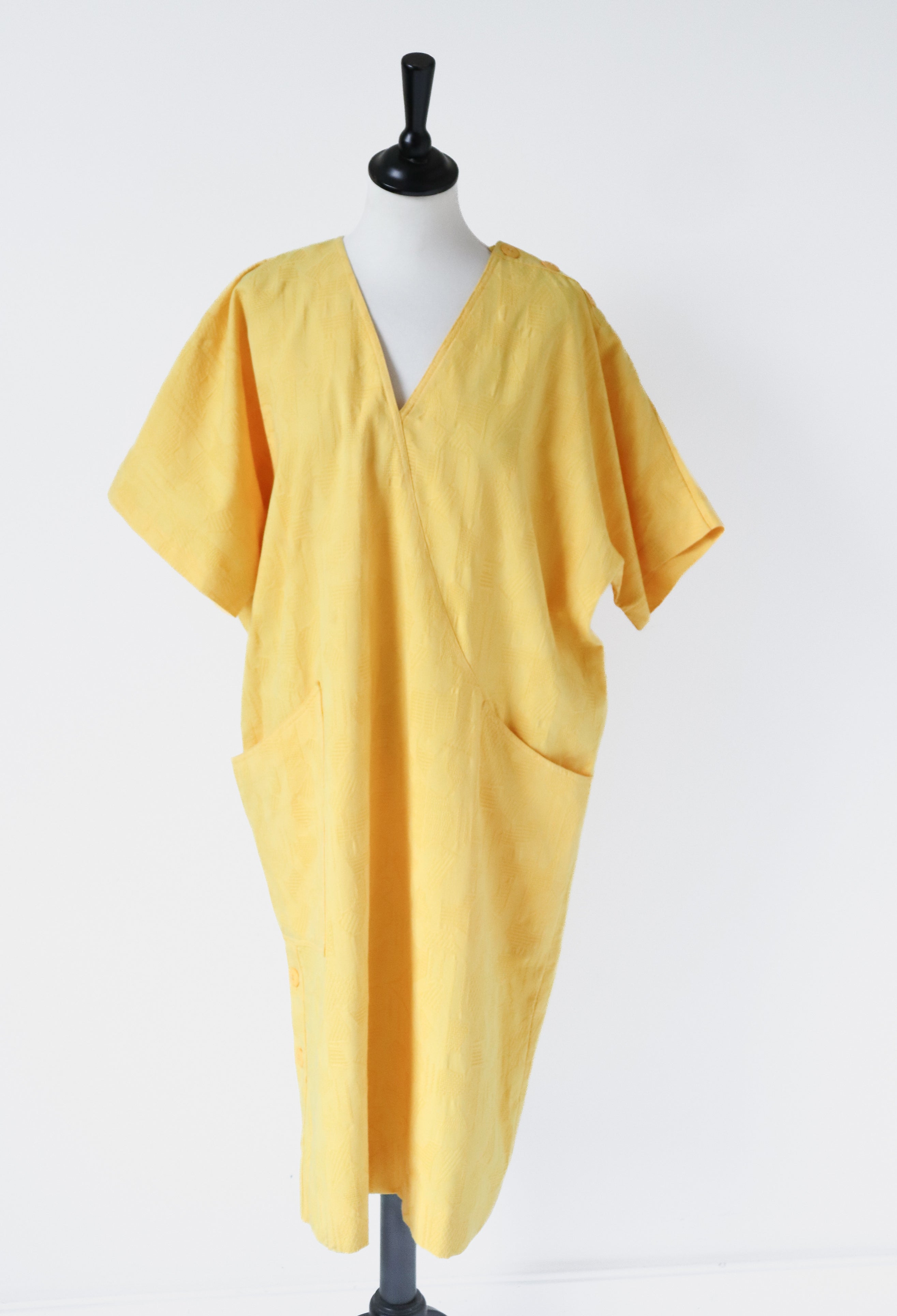 Yellow Cotton Summer  Dress - Hesselhoj - 1980s Batwing  - Fit M / L  UK 12- 14- 16