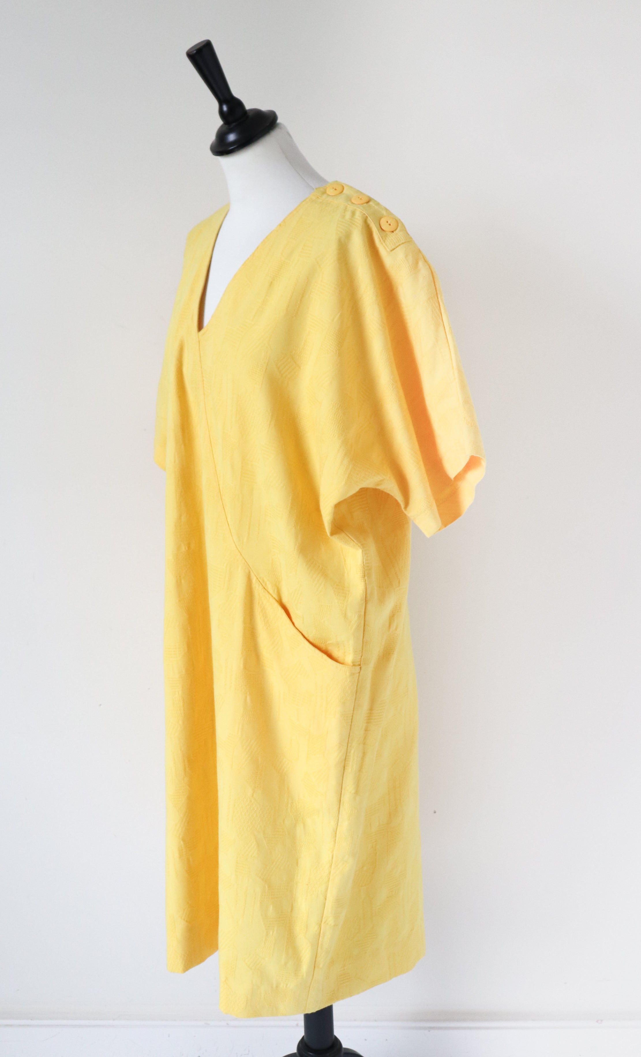 Yellow Cotton Summer  Dress - Hesselhoj - 1980s Batwing  - Fit M / L  UK 12- 14- 16