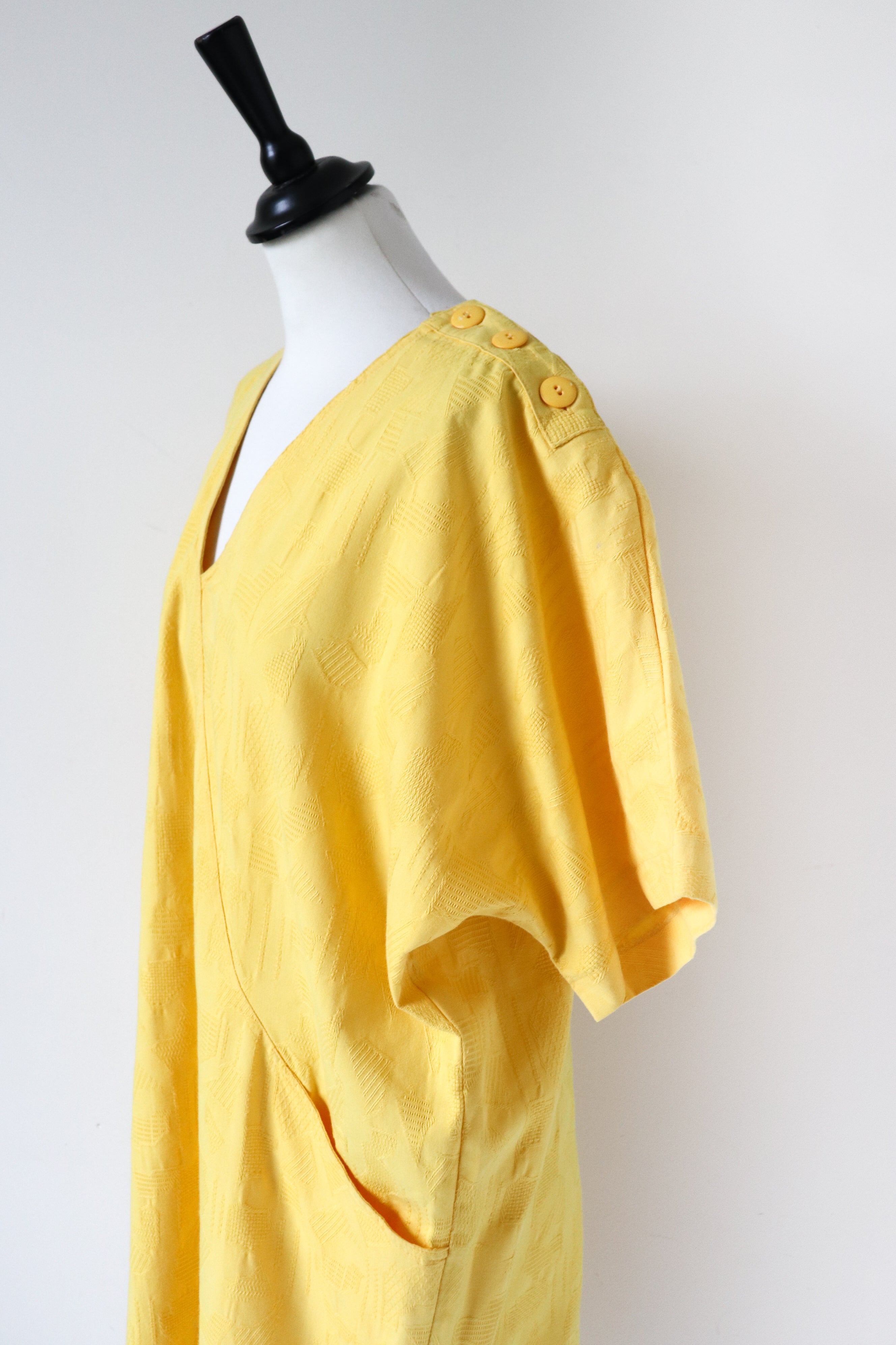 Yellow Cotton Summer  Dress - Hesselhoj - 1980s Batwing  - Fit M / L  UK 12- 14- 16