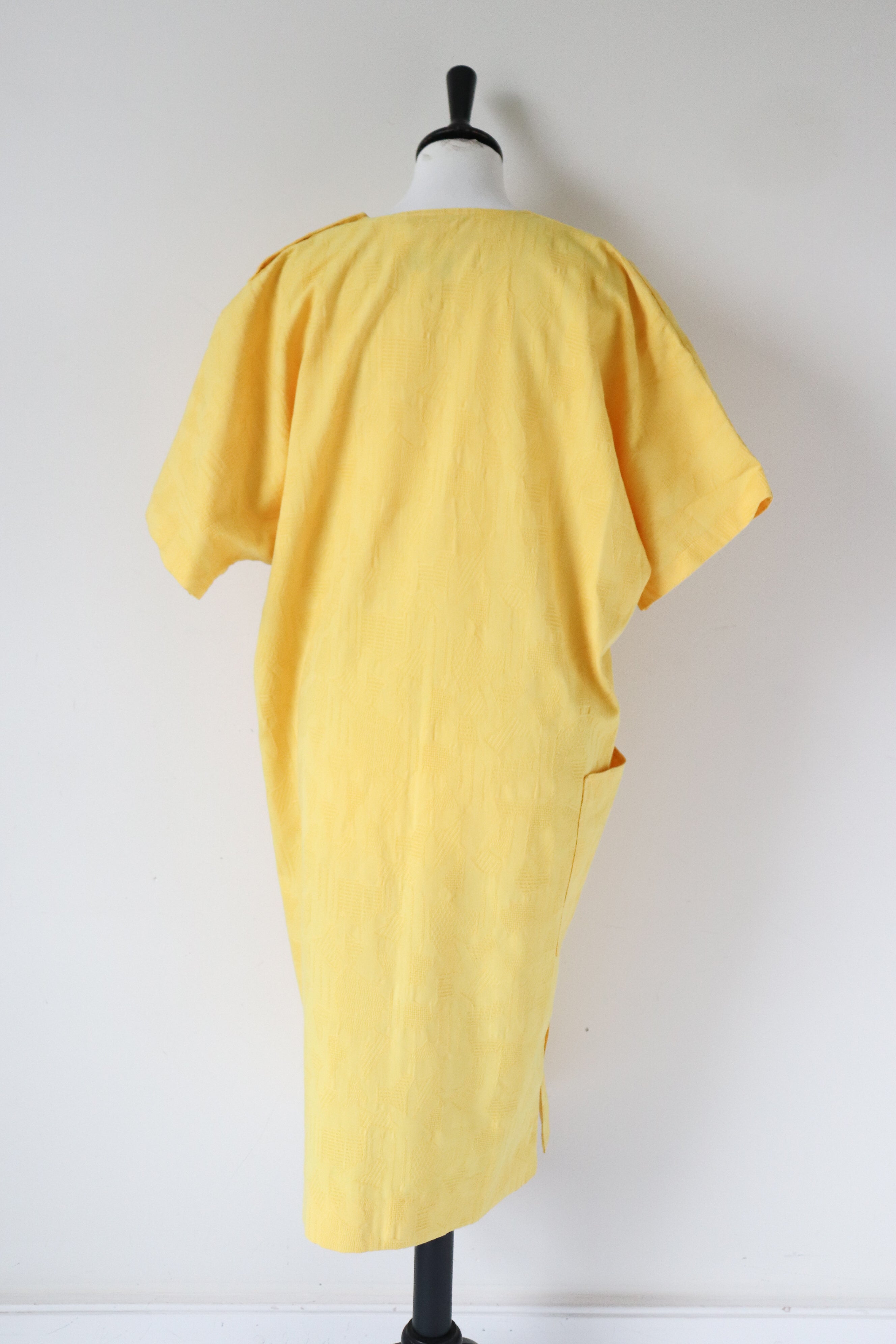 Yellow Cotton Summer  Dress - Hesselhoj - 1980s Batwing  - Fit M / L  UK 12- 14- 16