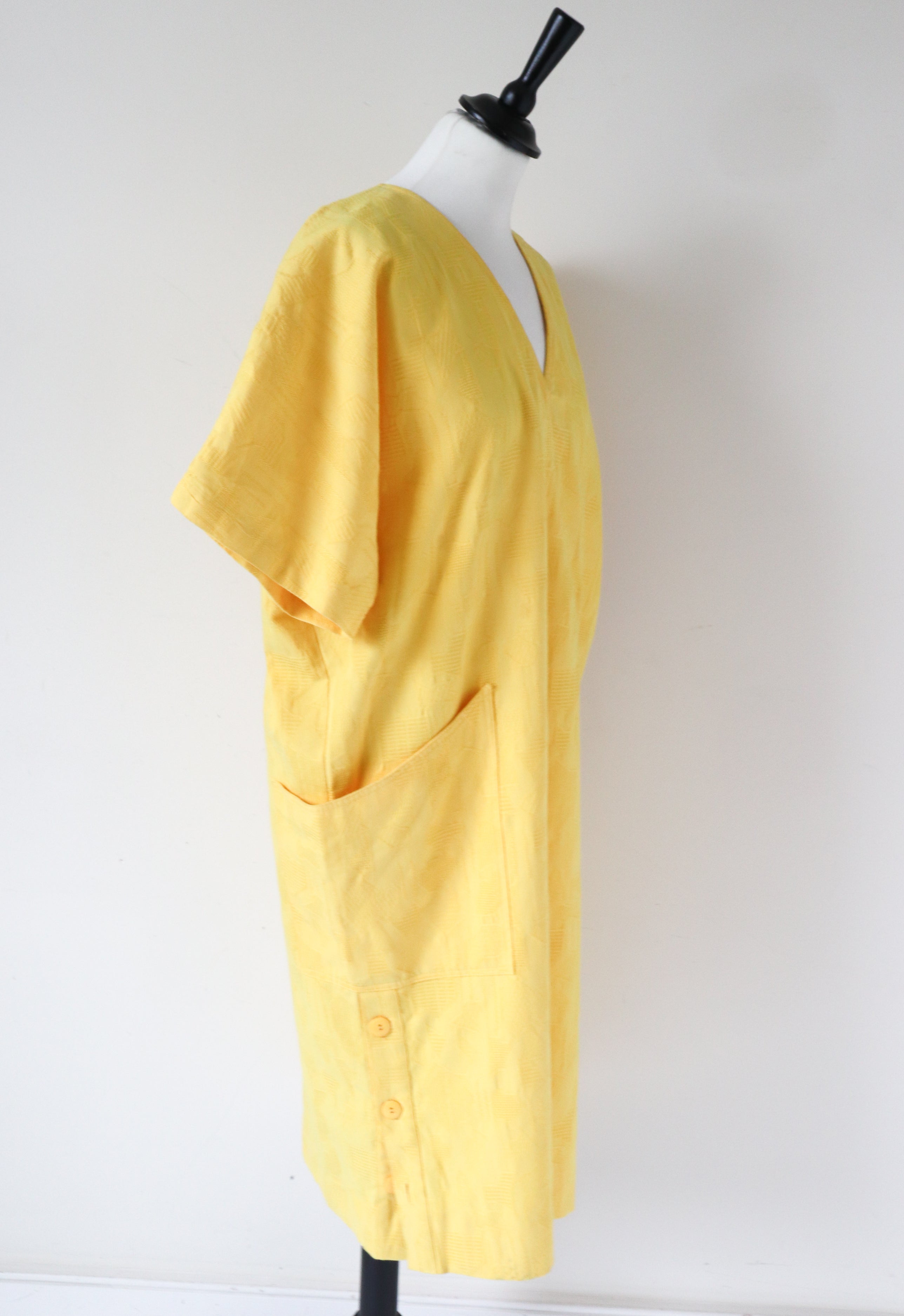 Yellow Cotton Summer  Dress - Hesselhoj - 1980s Batwing  - Fit M / L  UK 12- 14- 16