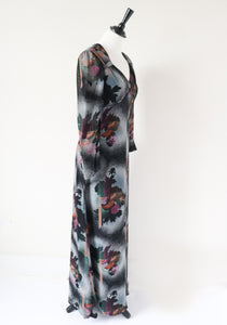 Vintage Maxi Dress - Long Sleeves - 1970s Art Deco Print - XS - UK 8