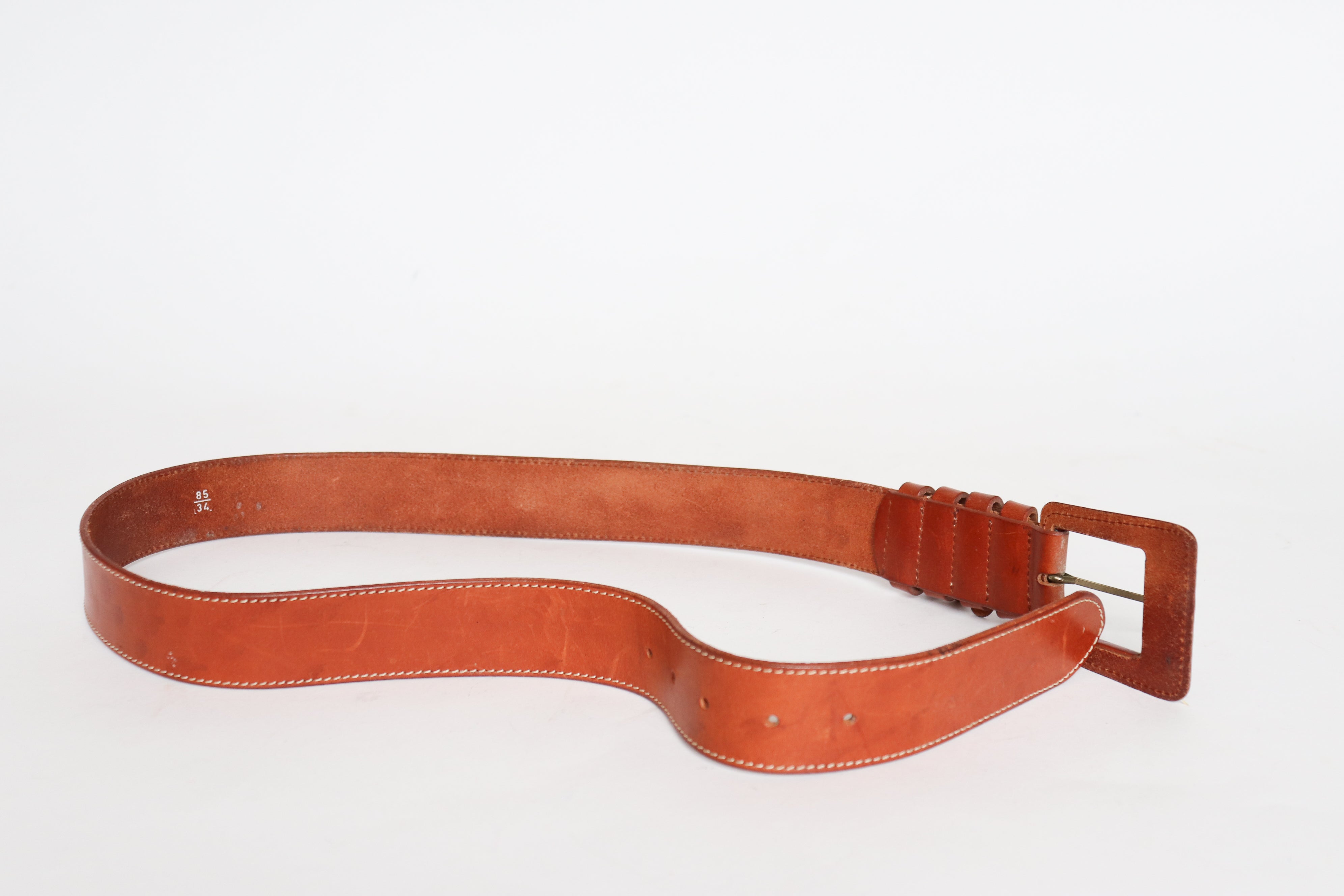 Tan Leather Vintage Belt - Wide - Brown - 85 cm / 34” - M
