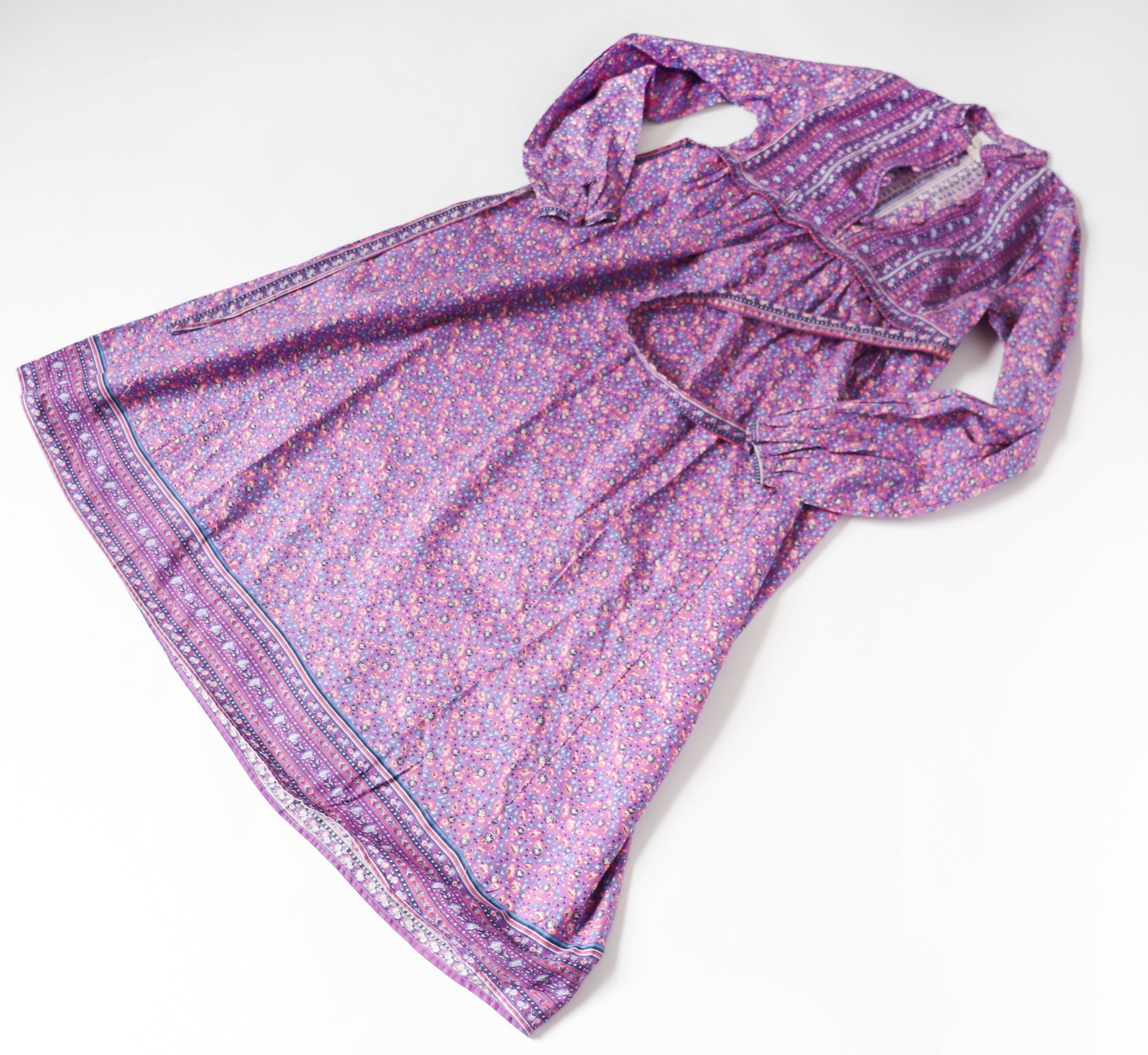 Vintage Block Print Cotton Dress - Empire Line - Purple - Fit S / M or UK 10-12