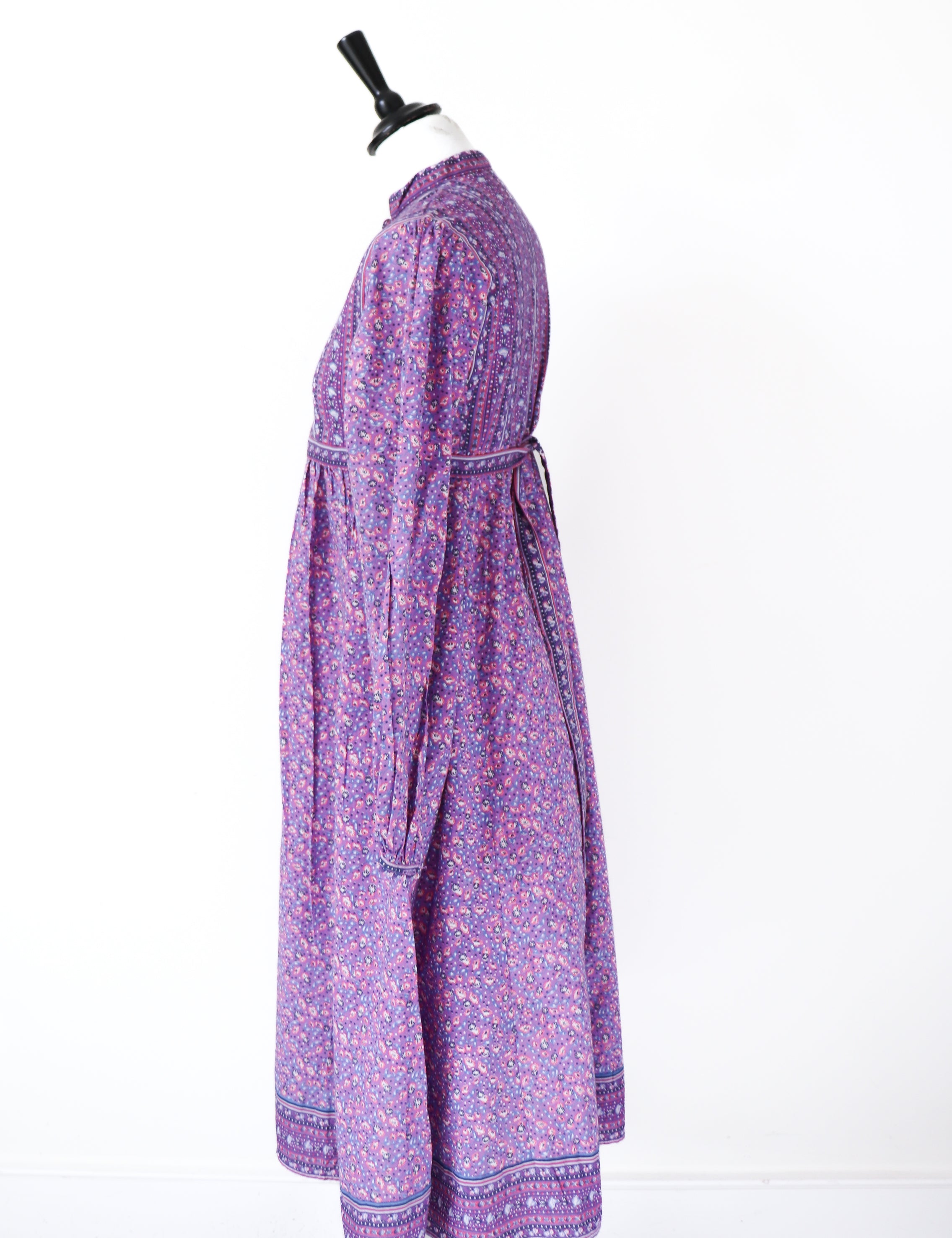 Vintage Block Print Cotton Dress - Empire Line - Purple - Fit S / M or UK 10-12