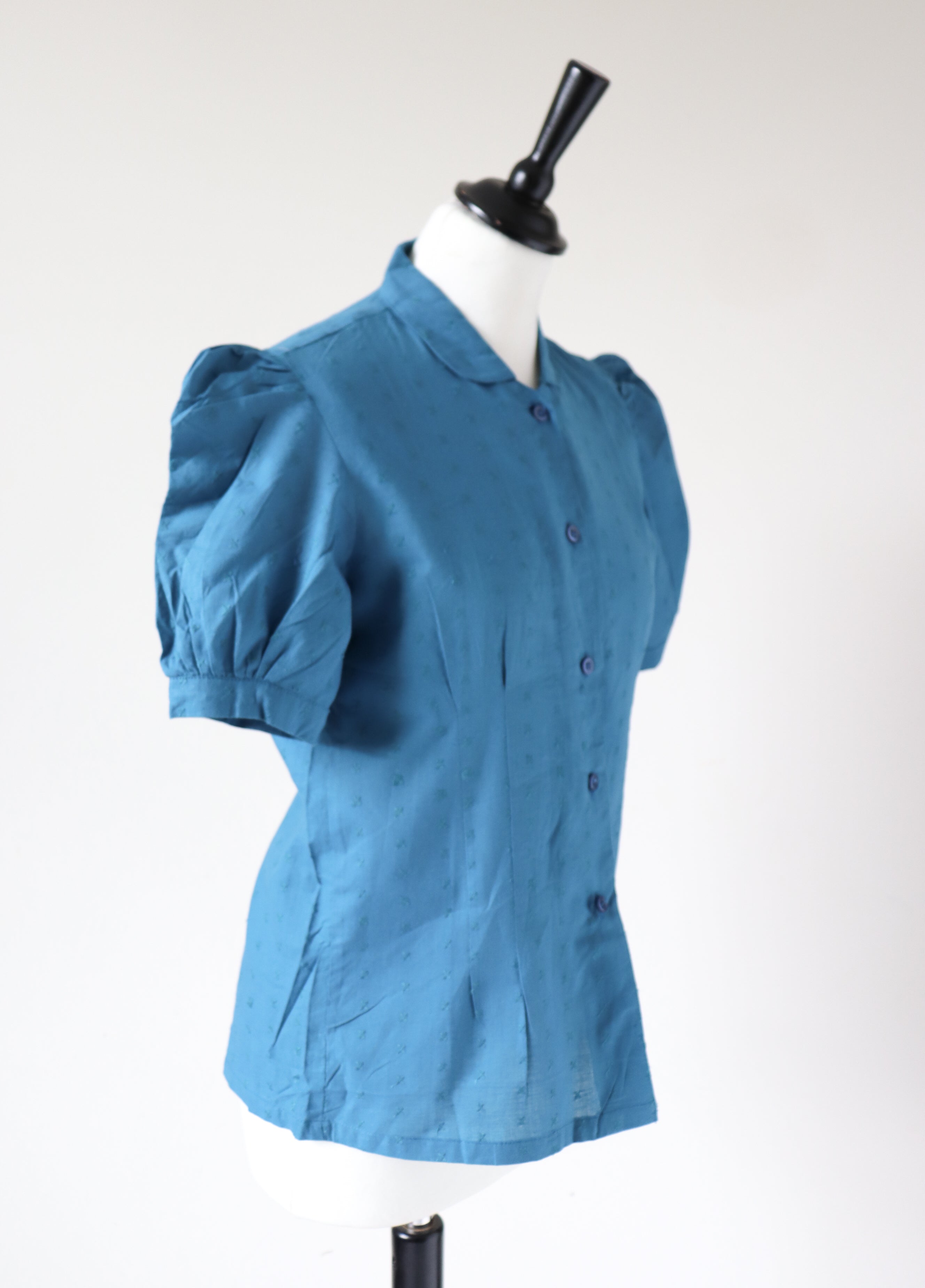 Vintage Cotton Blouse - Indian Cotton 1980s Deadstock - Blue - Fit S / UK 10