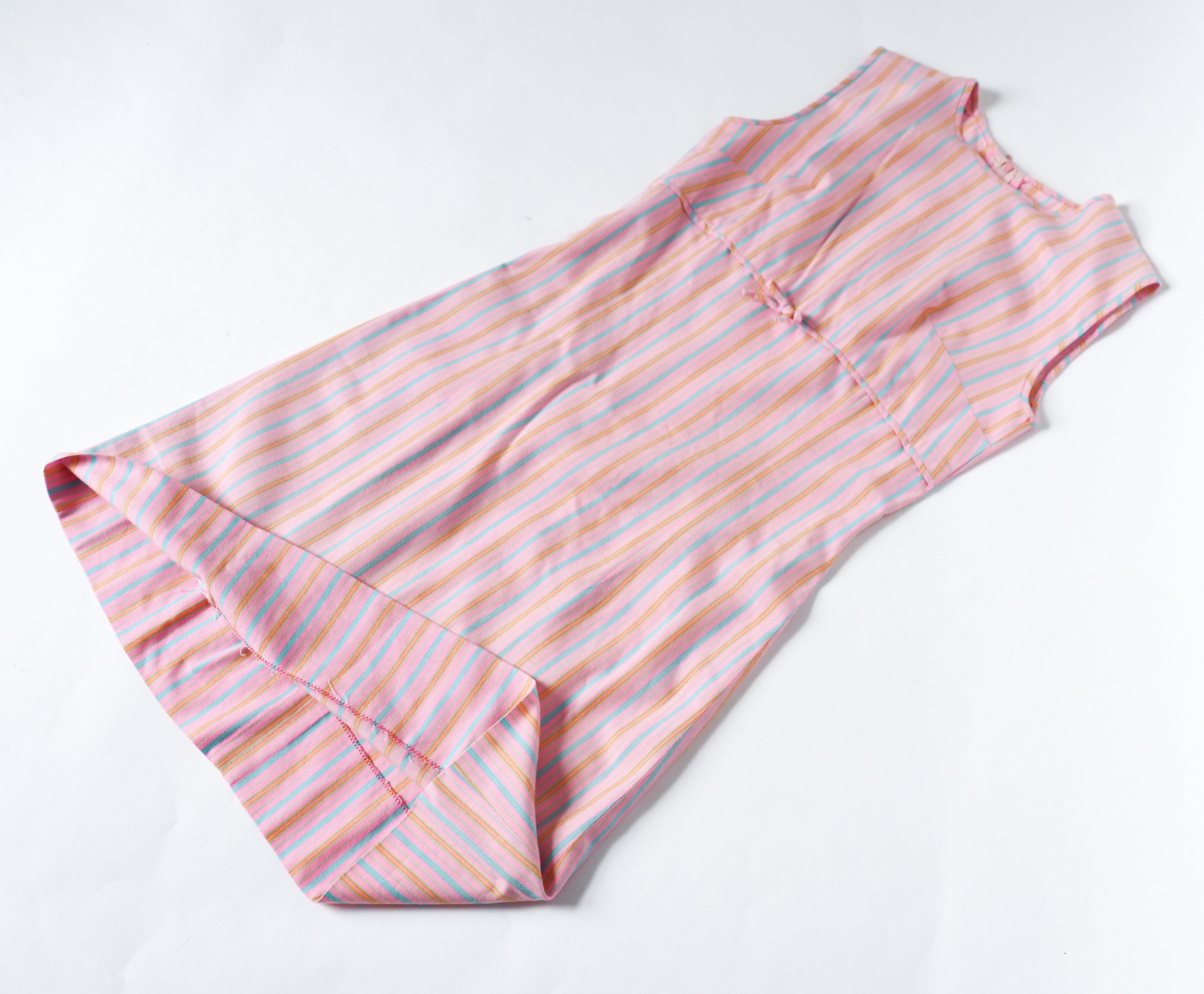 1960s Vintage Mini Dress - Pink Striped Dralon - Sleeveless - XXS - UK 6 / 8