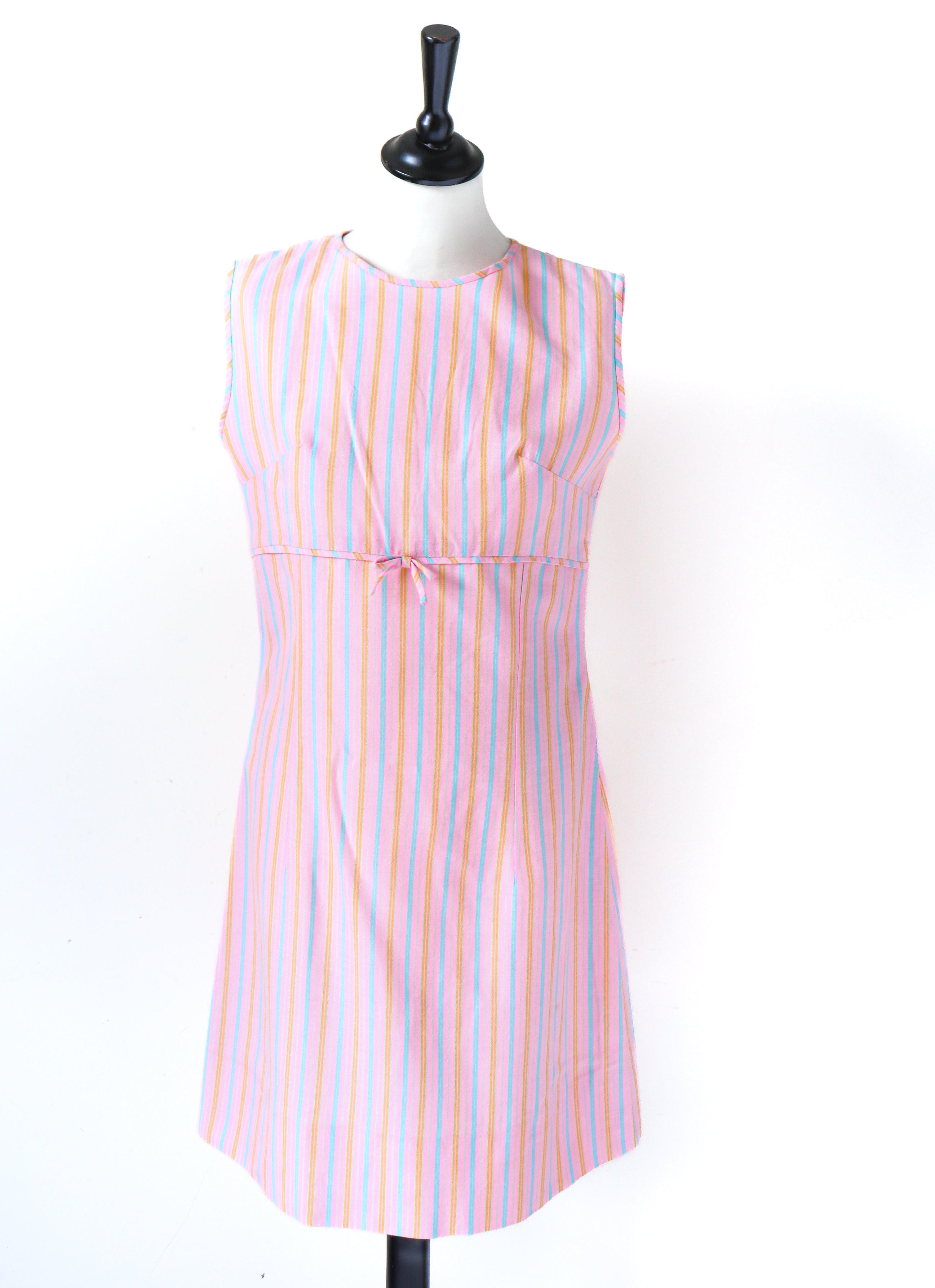 1960s Vintage Mini Dress - Pink Striped Dralon - Sleeveless - XXS - UK 6 / 8
