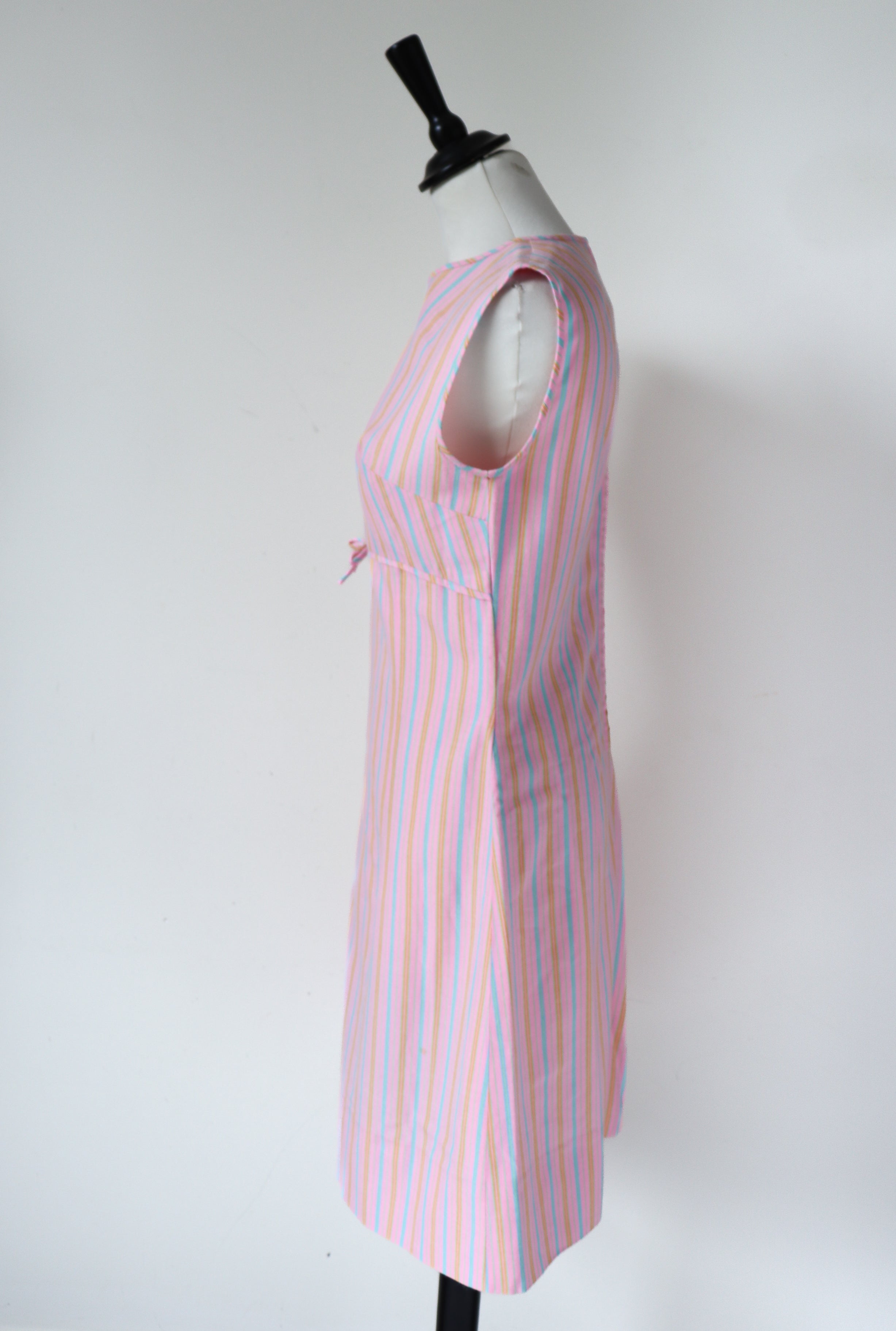 1960s Vintage Mini Dress - Pink Striped Dralon - Sleeveless - XXS - UK 6 / 8