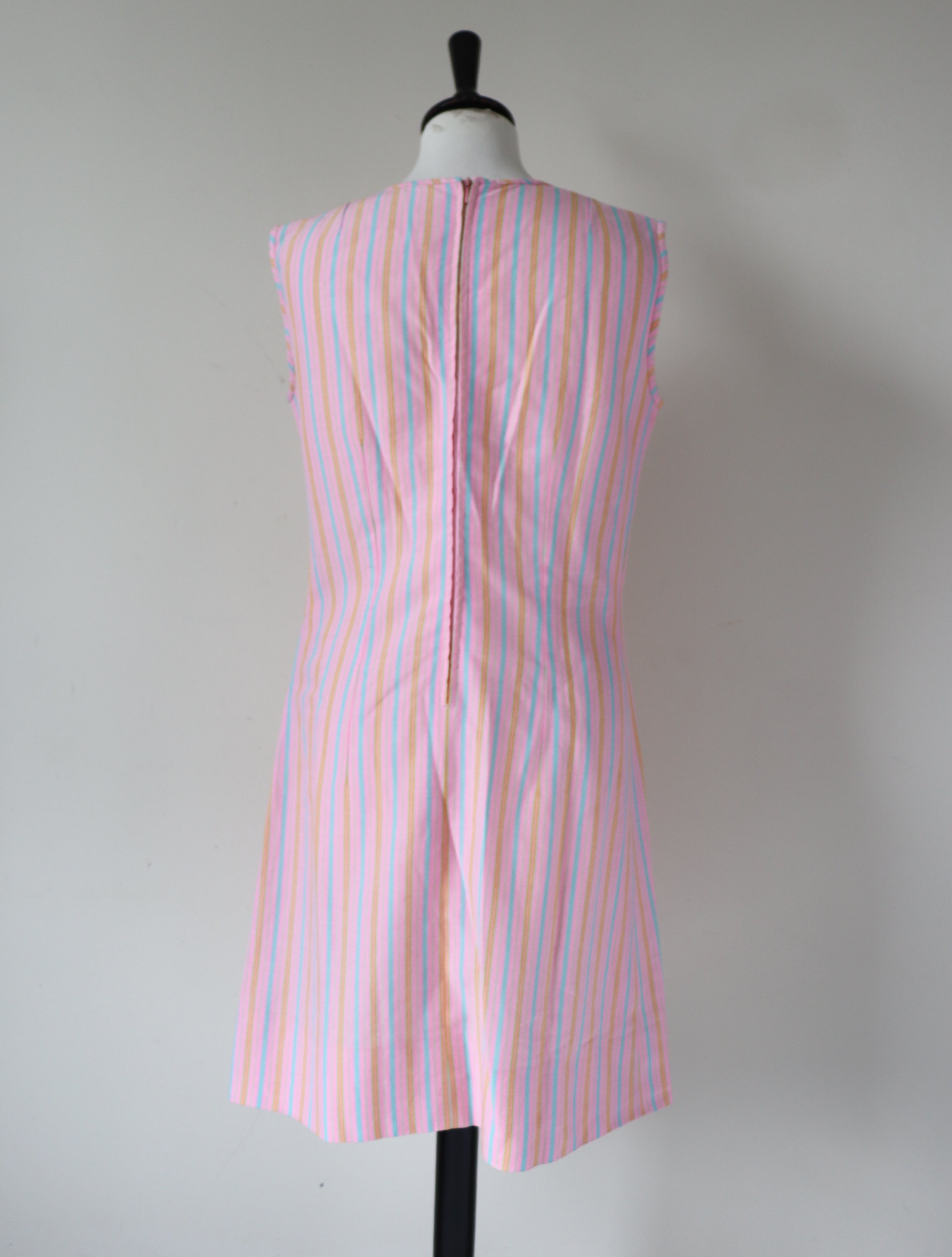 1960s Vintage Mini Dress - Pink Striped Dralon - Sleeveless - XXS - UK 6 / 8