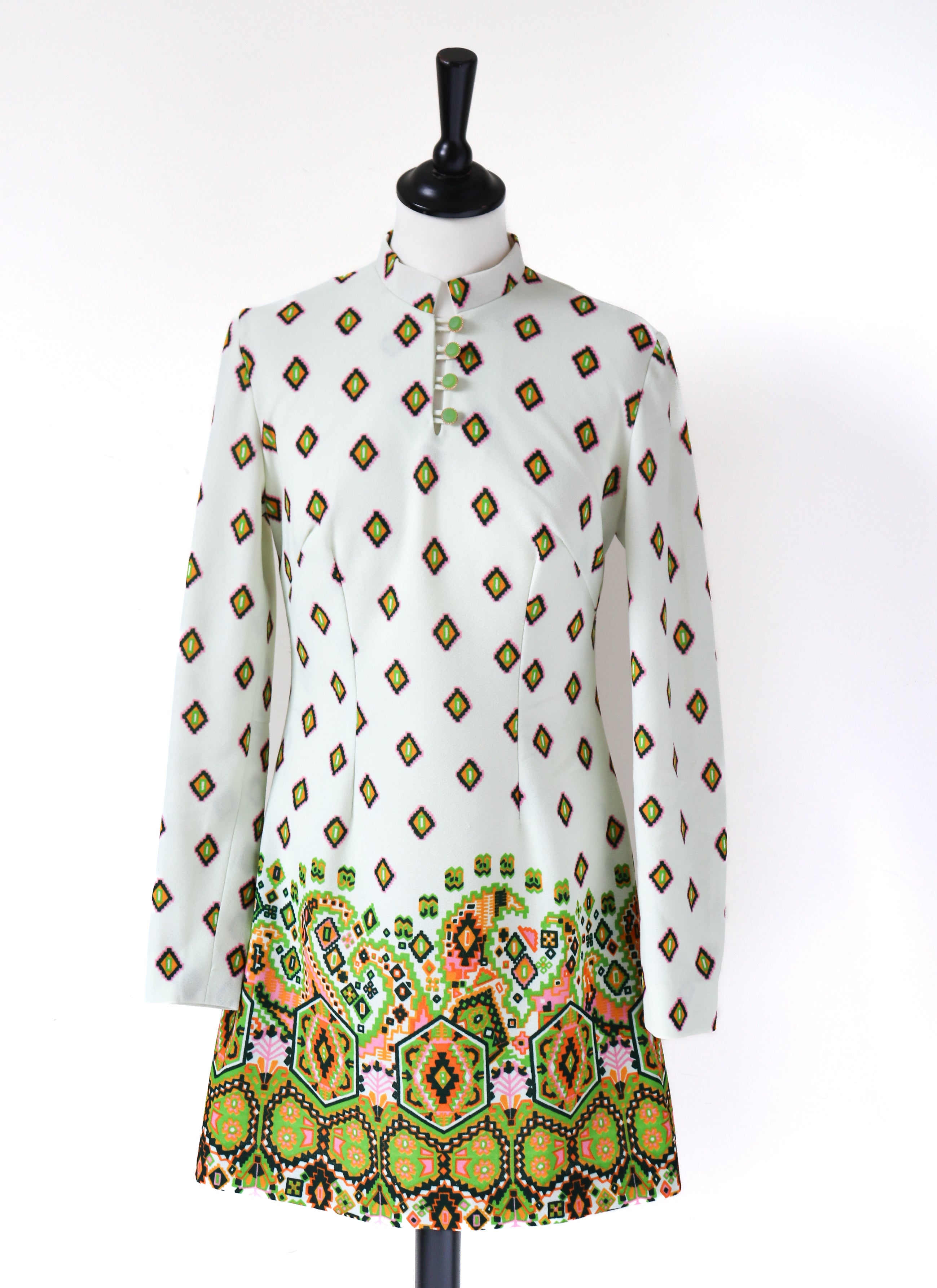 1960s Vintage  Mini Dress - Cream Patterned - Long Sleeve - XXS -  UK 6