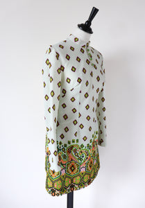 1960s Vintage  Mini Dress - Cream Patterned - Long Sleeve - XXS -  UK 6