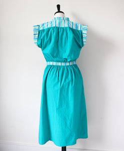 Vintage Roshafi Cotton Dress - Green Striped  - 1980s - Fit XXS  - UK 6 / 8