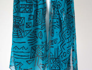 Vintage Chiffon Silk Long Scarf  -  Blue Tribal Art - Large