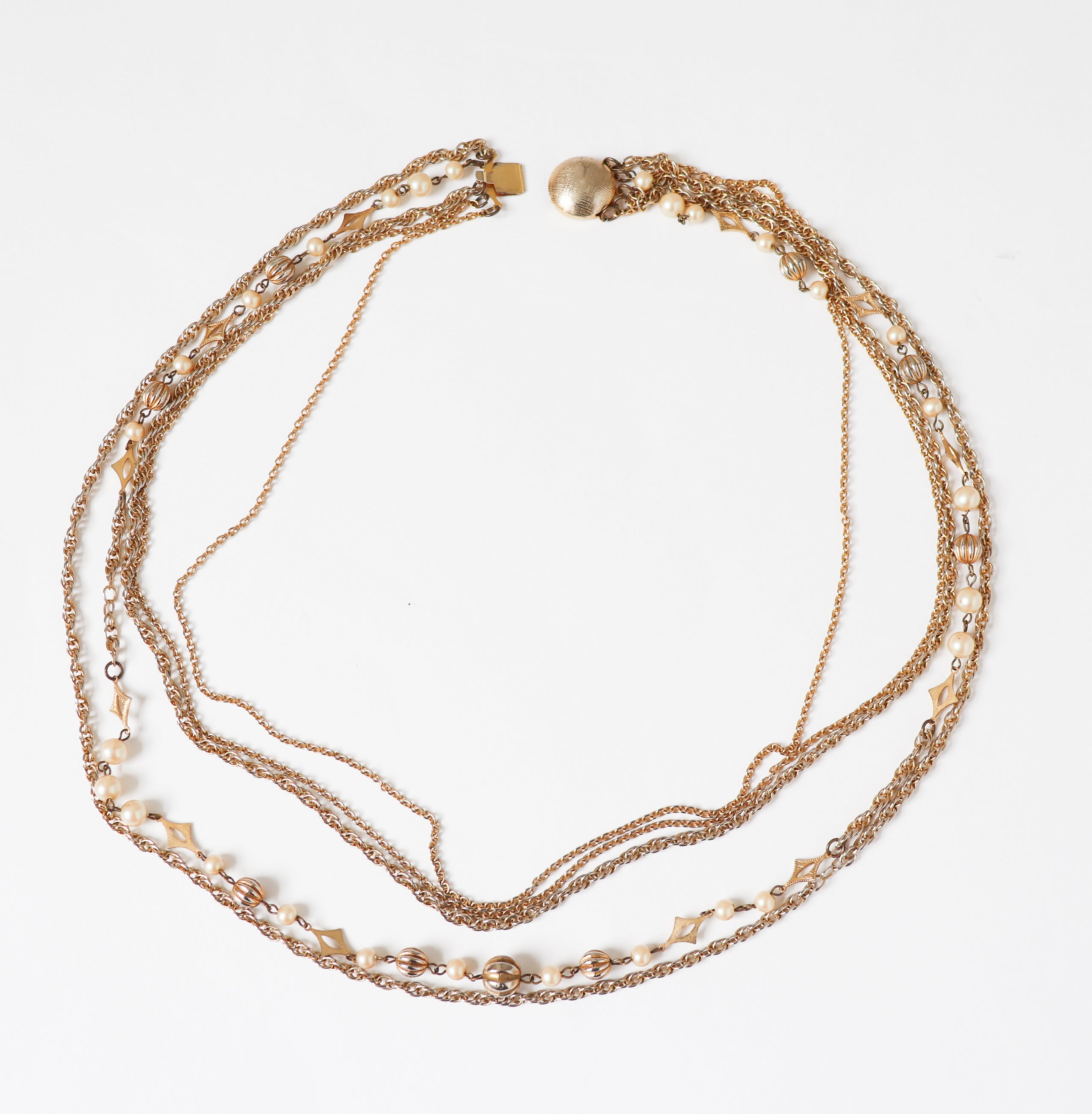 Vintage 1960s 5 Strand Necklace - Gilt Chain with Faux Pearls - Gold Tone