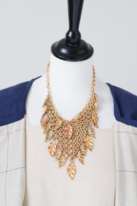 Vintage 1980s Leaf and Chainmail Bib Necklace - Gold - Large