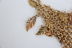 Vintage 1980s Leaf and Chainmail Bib Necklace - Gold - Large