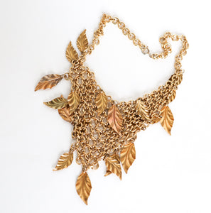 Vintage 1980s Leaf and Chainmail Bib Necklace - Gold - Large