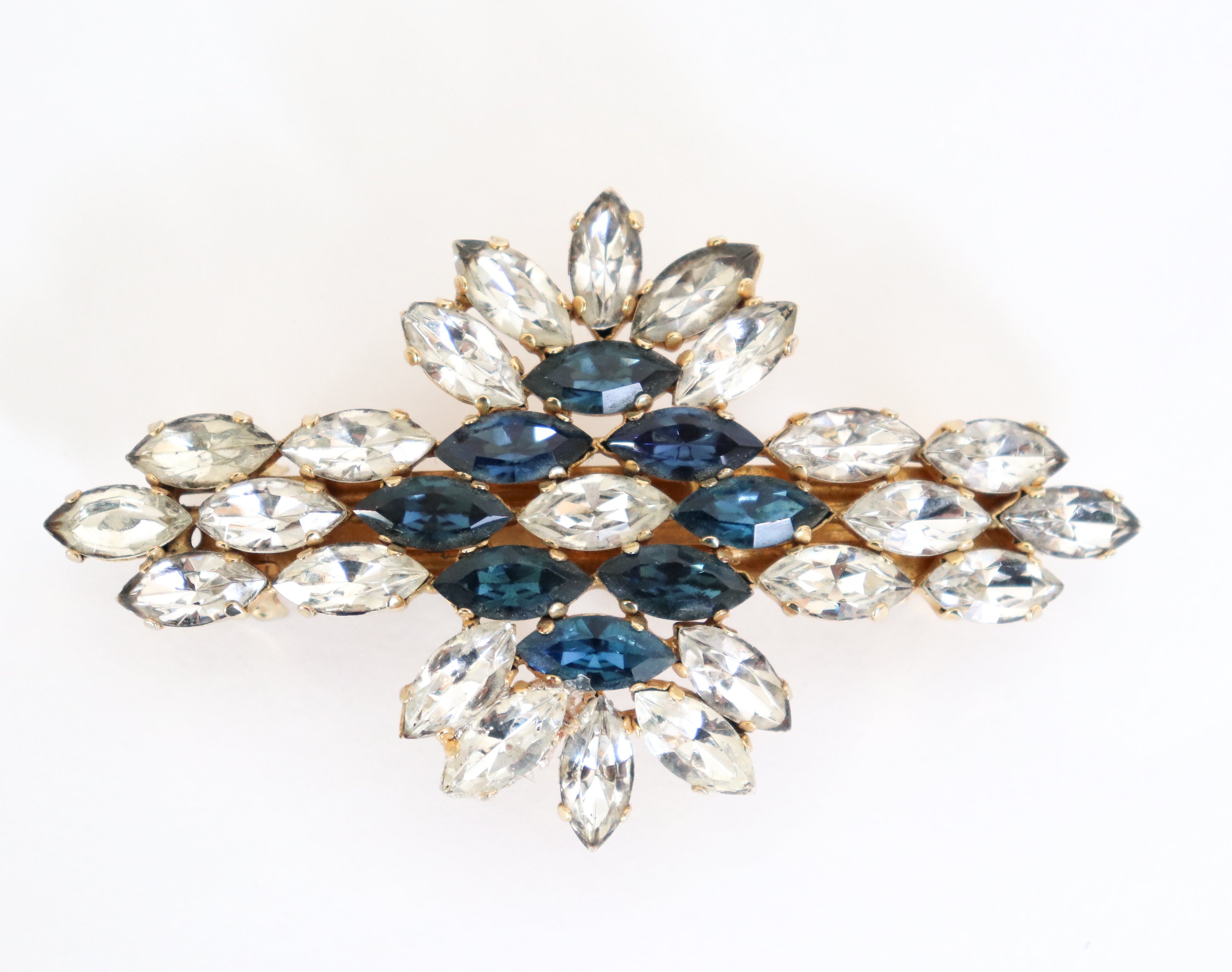 Vintage White / Blue Rhinestone Hair Barrette - Diamante -  Large