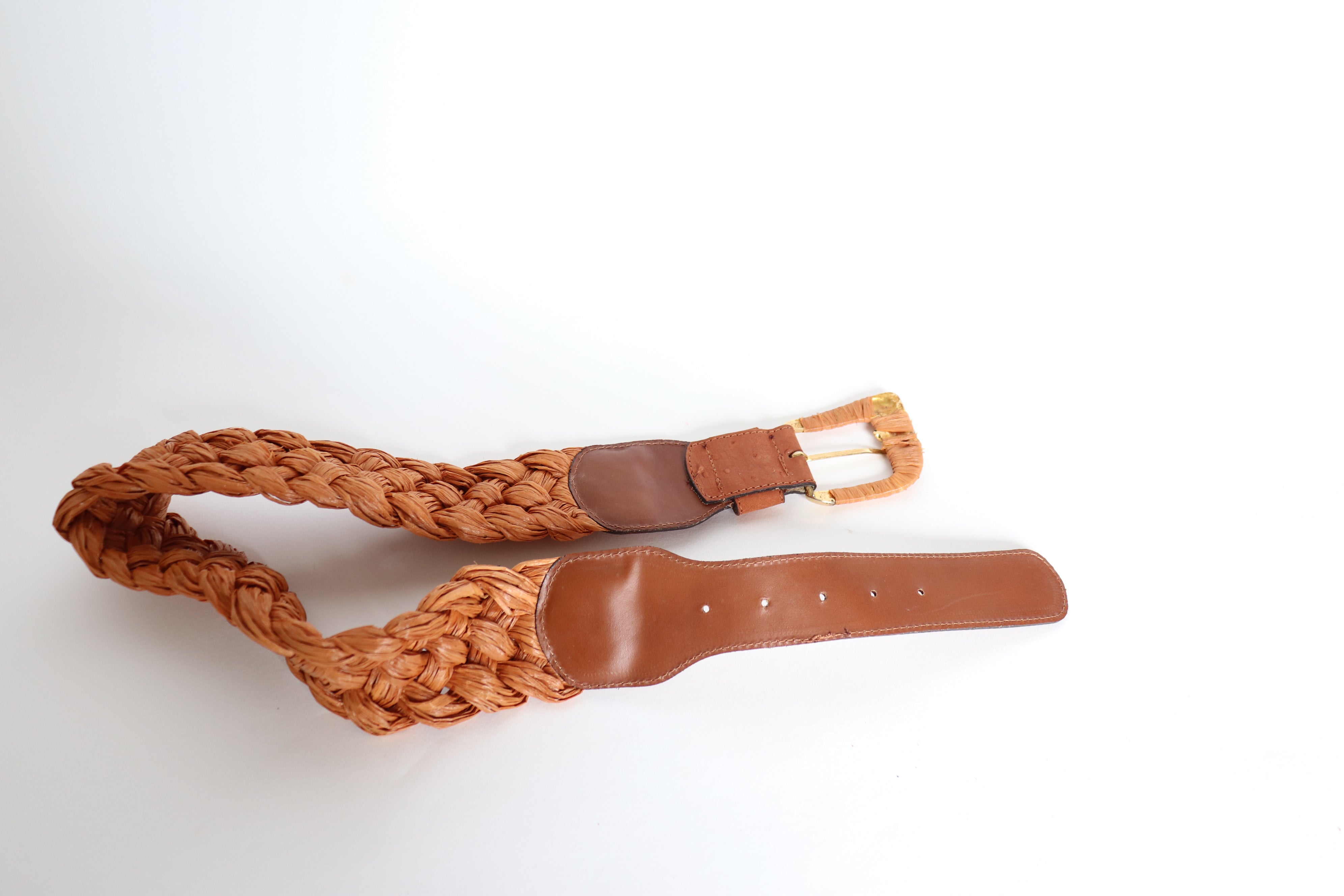 Raffia Woven Vintage  Belt - Plaited - Tan Brown Leather - S/M