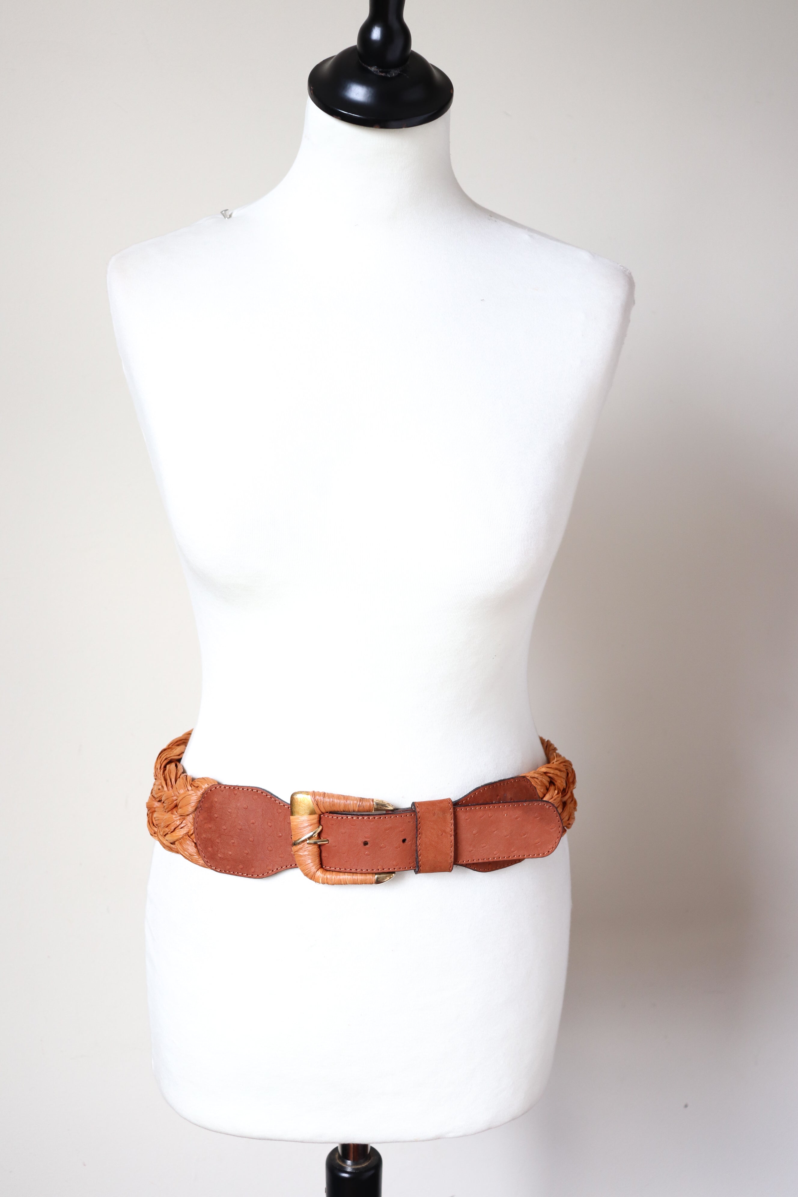 Raffia Woven Vintage  Belt - Plaited - Tan Brown Leather - S/M