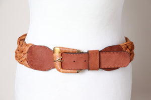 Raffia Woven Vintage  Belt - Plaited - Tan Brown Leather - S/M