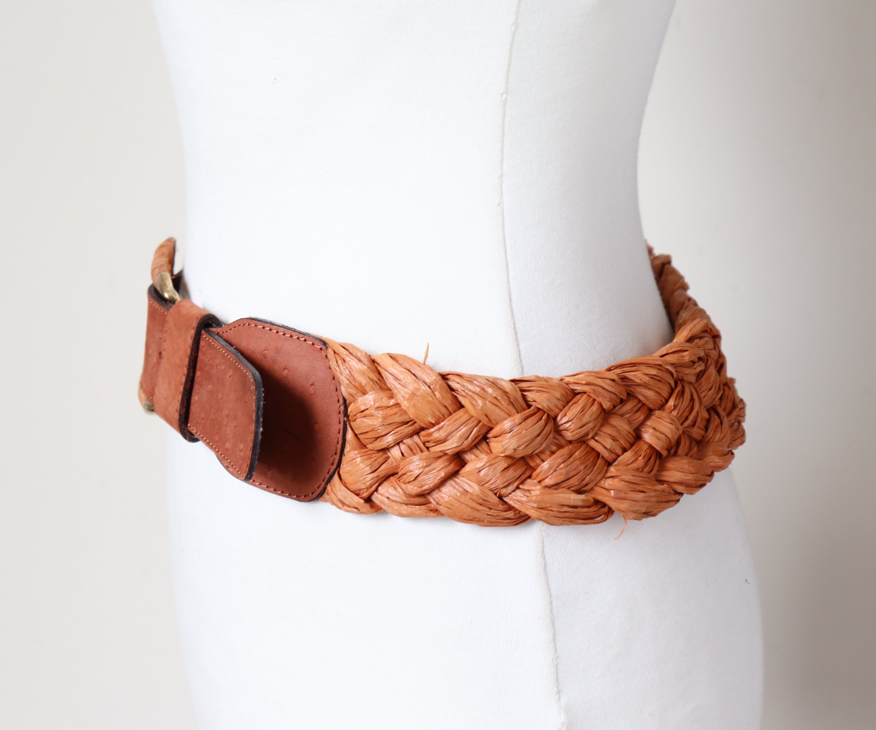 Raffia Woven Vintage  Belt - Plaited - Tan Brown Leather - S/M