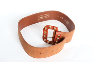 Wide Tan Leather Studded Belt - Mondi 1980s Vintage - Small