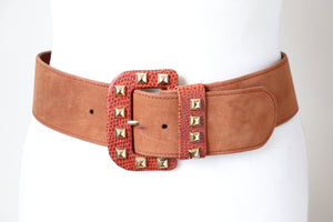 Wide Tan Leather Studded Belt - Mondi 1980s Vintage - Small