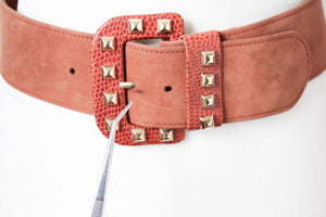 Wide Tan Leather Studded Belt - Mondi 1980s Vintage - Small