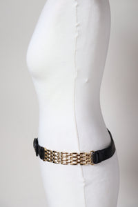 Black / Gilt Chain Belt - Leather / Metal - Vintage 1990s - Medium