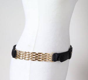 Black / Gilt Chain Belt - Leather / Metal - Vintage 1990s - Medium