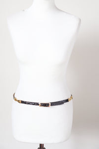 Snakeskin Skinny Vintage Belt - 1980s - Dark Brown -  L/ XL