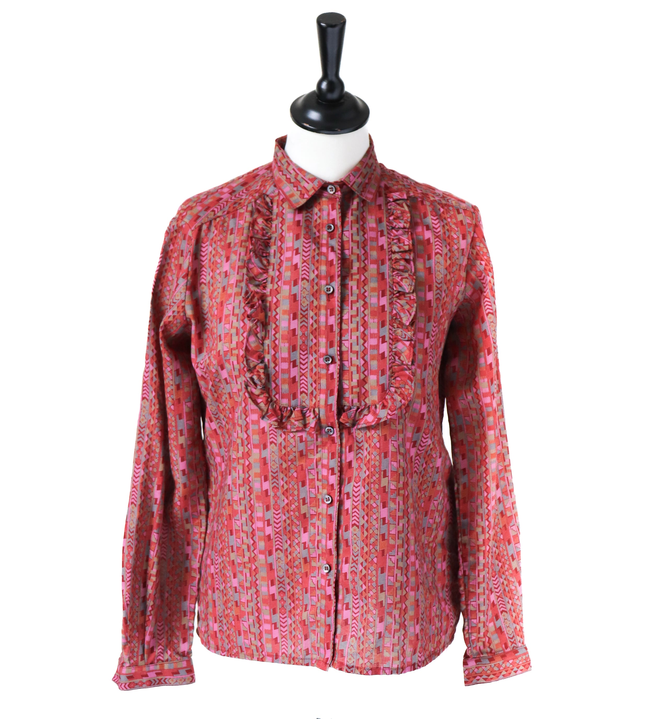 Jaeger Vintage Cotton Ruffle Blouse - Long Sleeves  - 1980s - S / UK 10