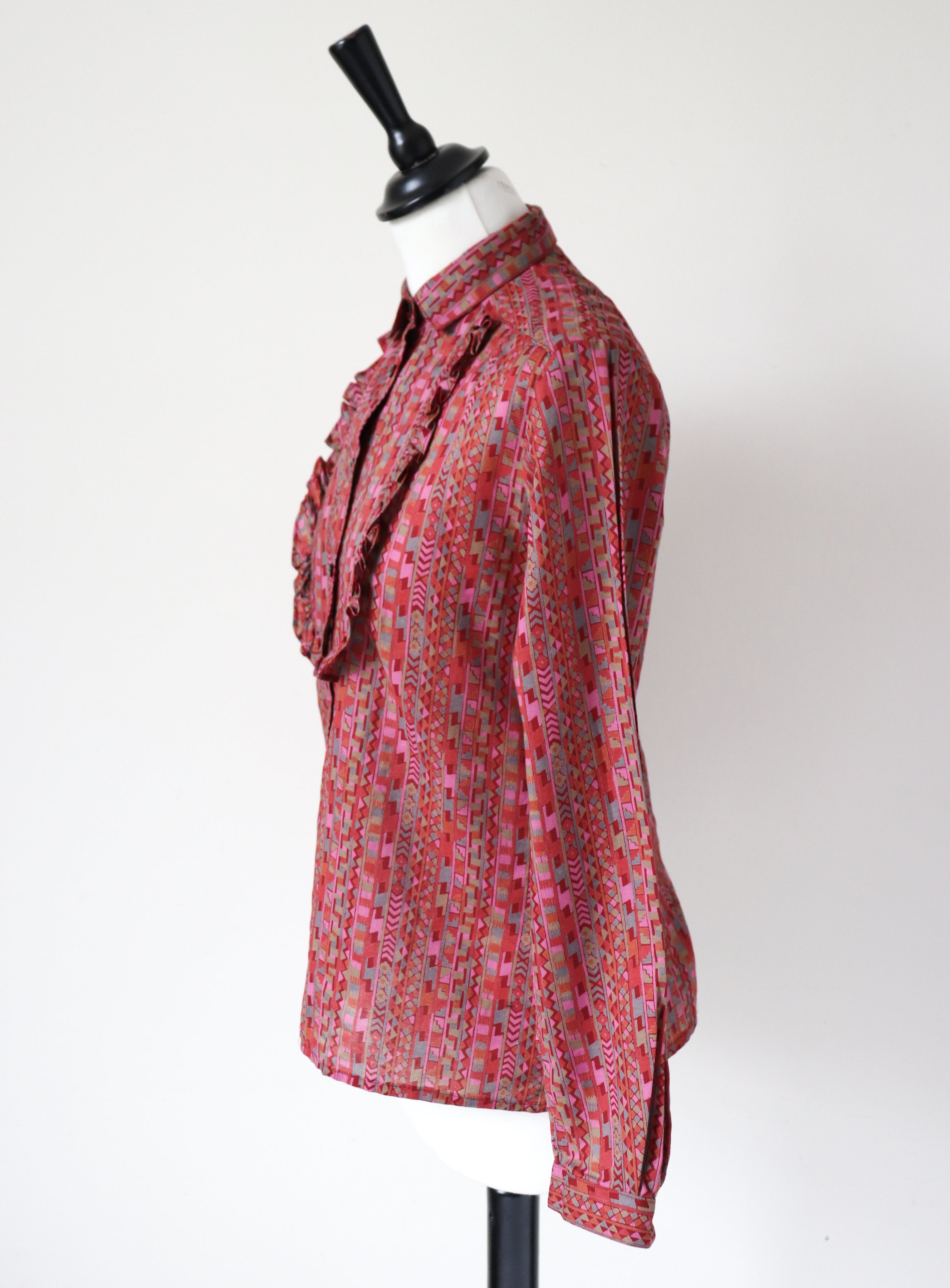 Jaeger Vintage Cotton Ruffle Blouse - Long Sleeves  - 1980s - S / UK 10