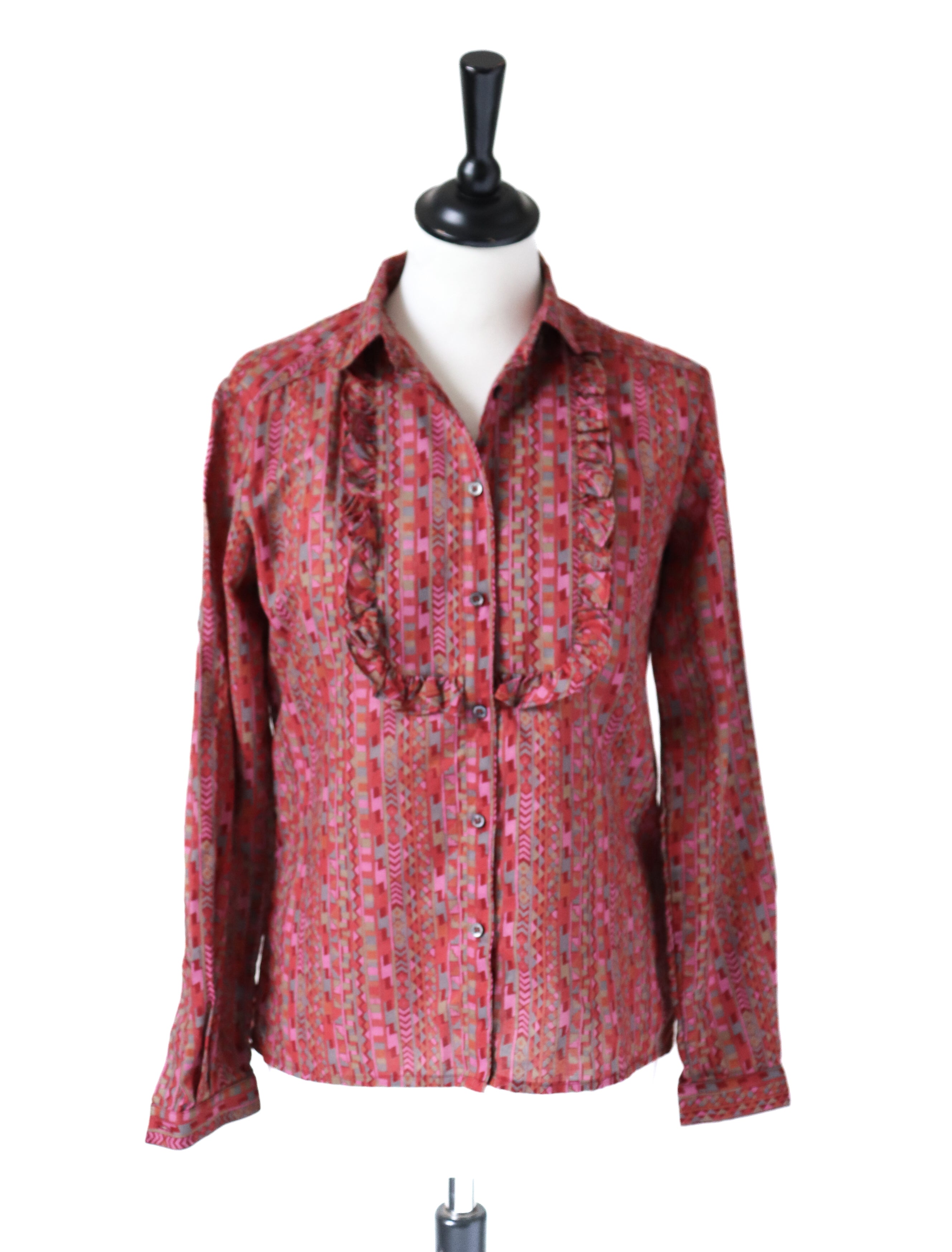 Jaeger Vintage Cotton Ruffle Blouse - Long Sleeves  - 1980s - S / UK 10