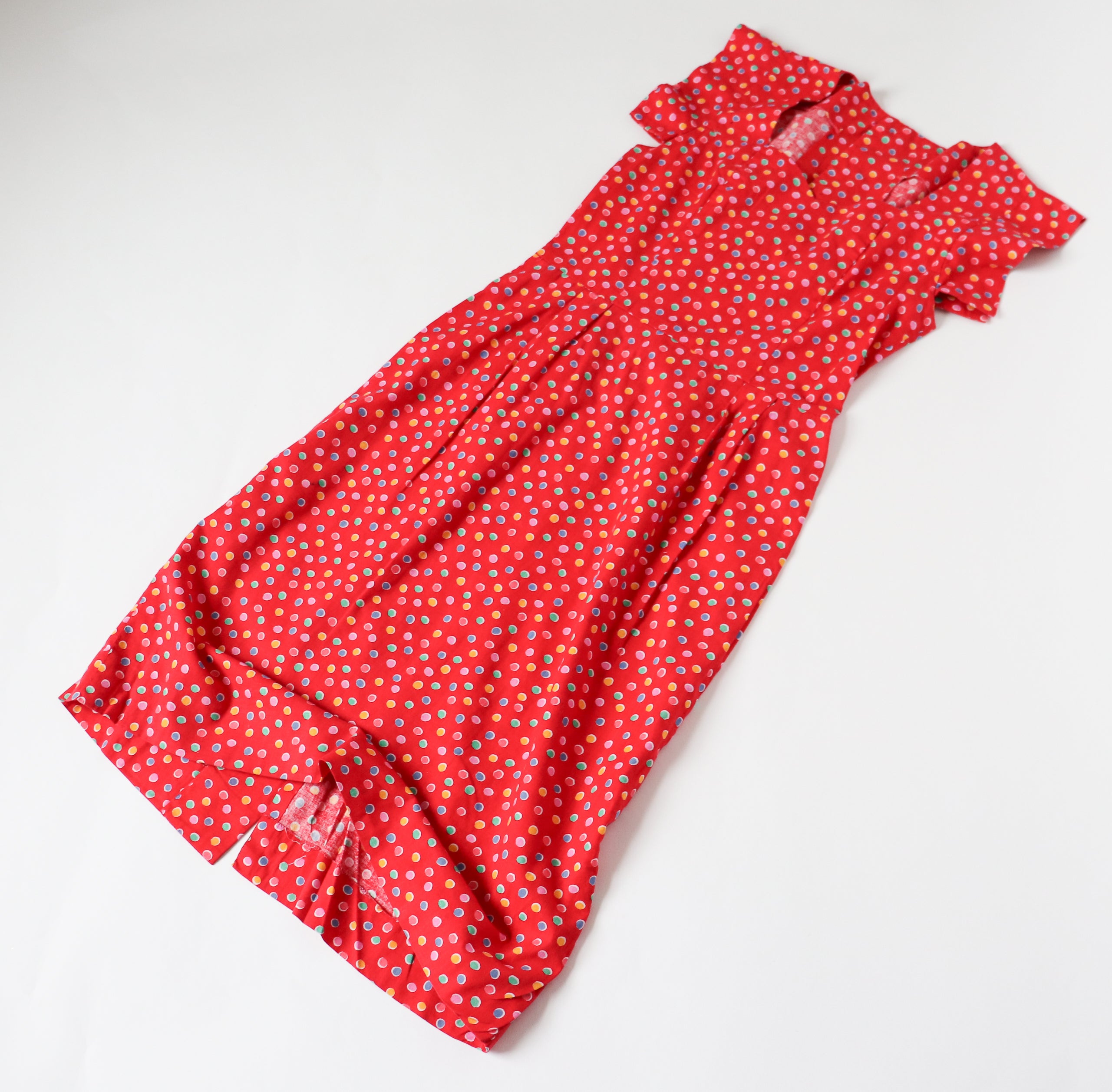 Vintage Red Cotton Spotted Summer Dress - 1940s Fitted Style - Small / UK 10