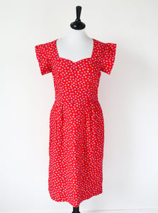 Vintage Red Cotton Spotted Summer Dress - 1940s Fitted Style - Small / UK 10