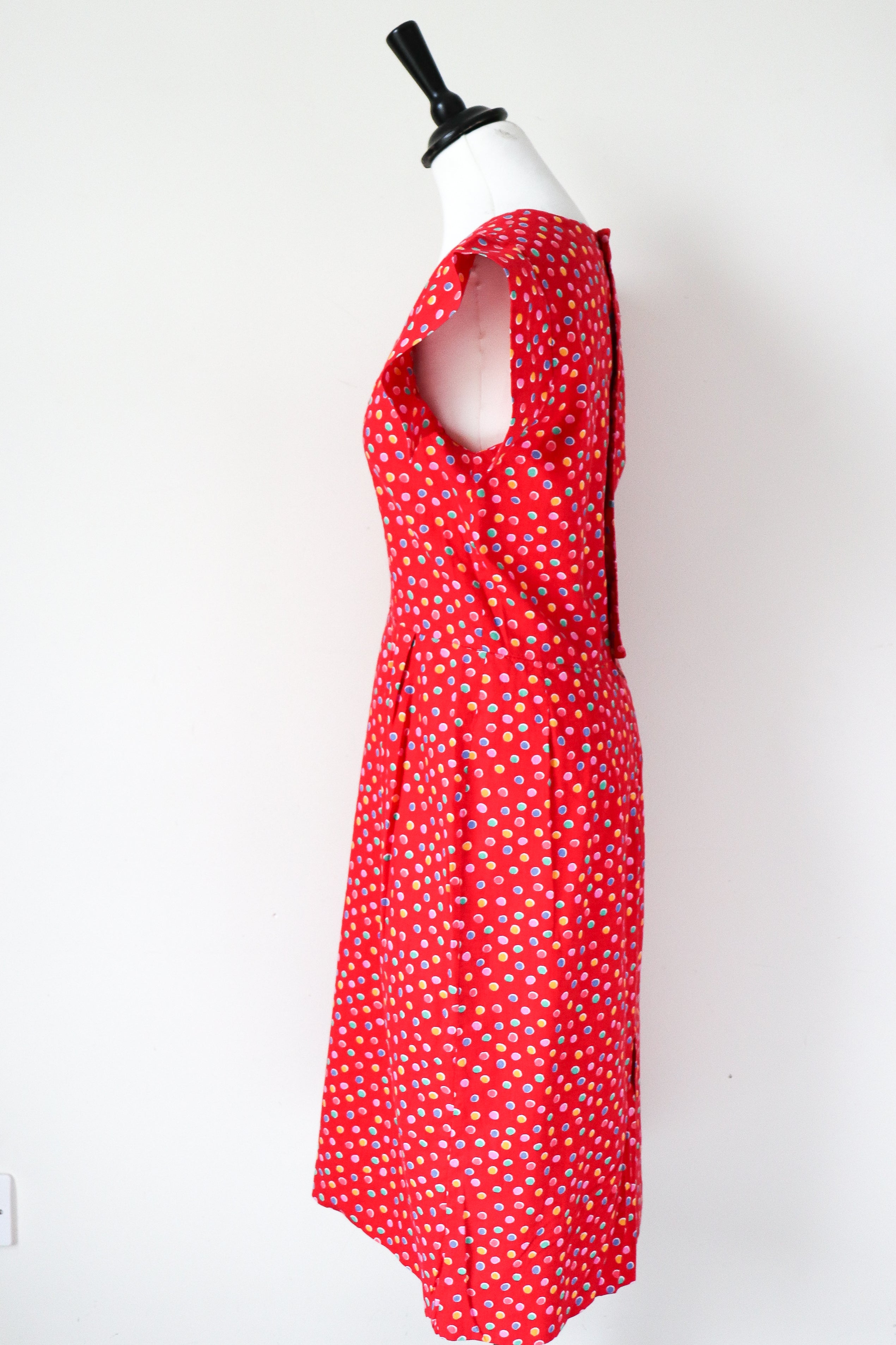Vintage Red Cotton Spotted Summer Dress - 1940s Fitted Style - Small / UK 10