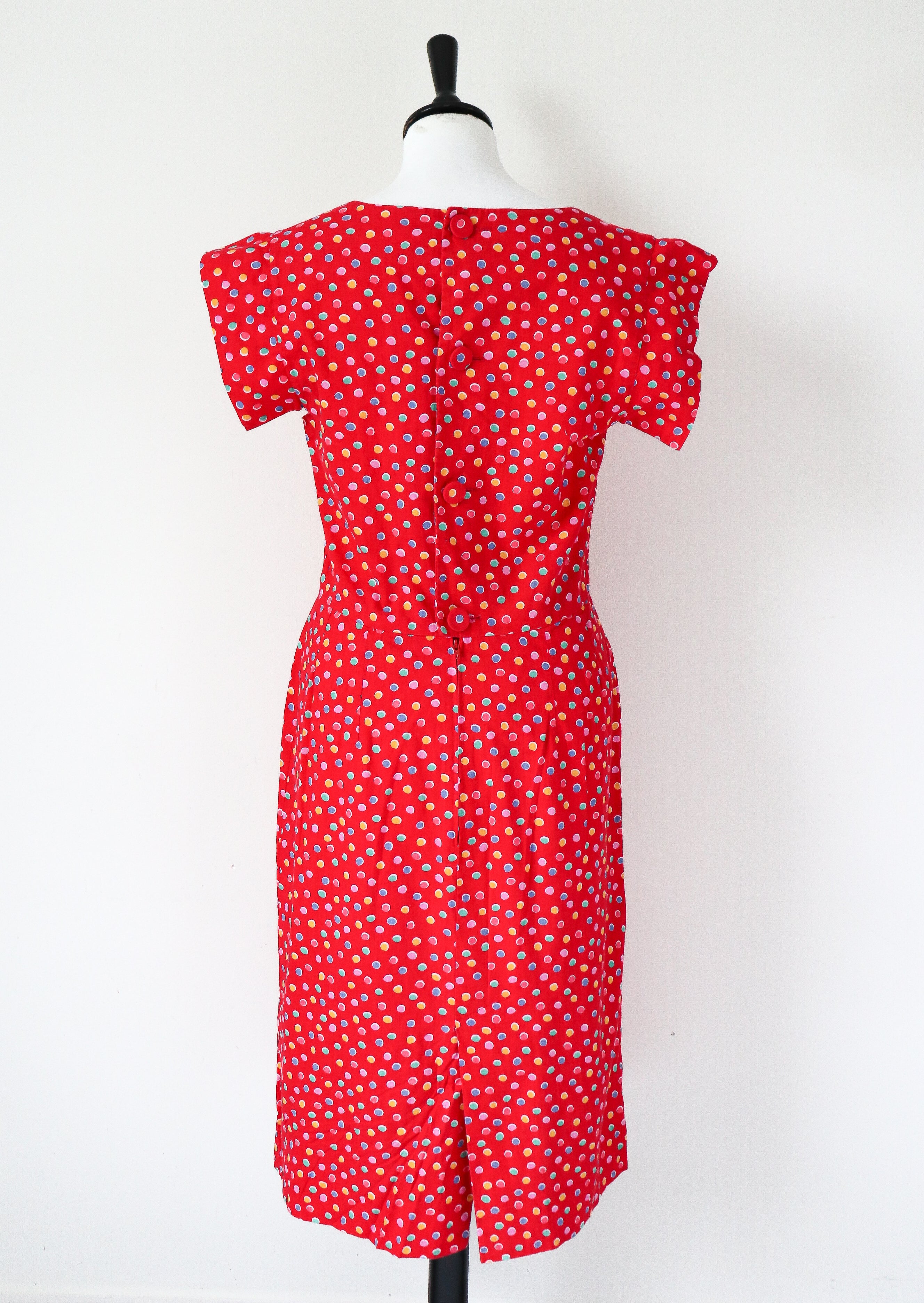 Vintage Red Cotton Spotted Summer Dress - 1940s Fitted Style - Small / UK 10