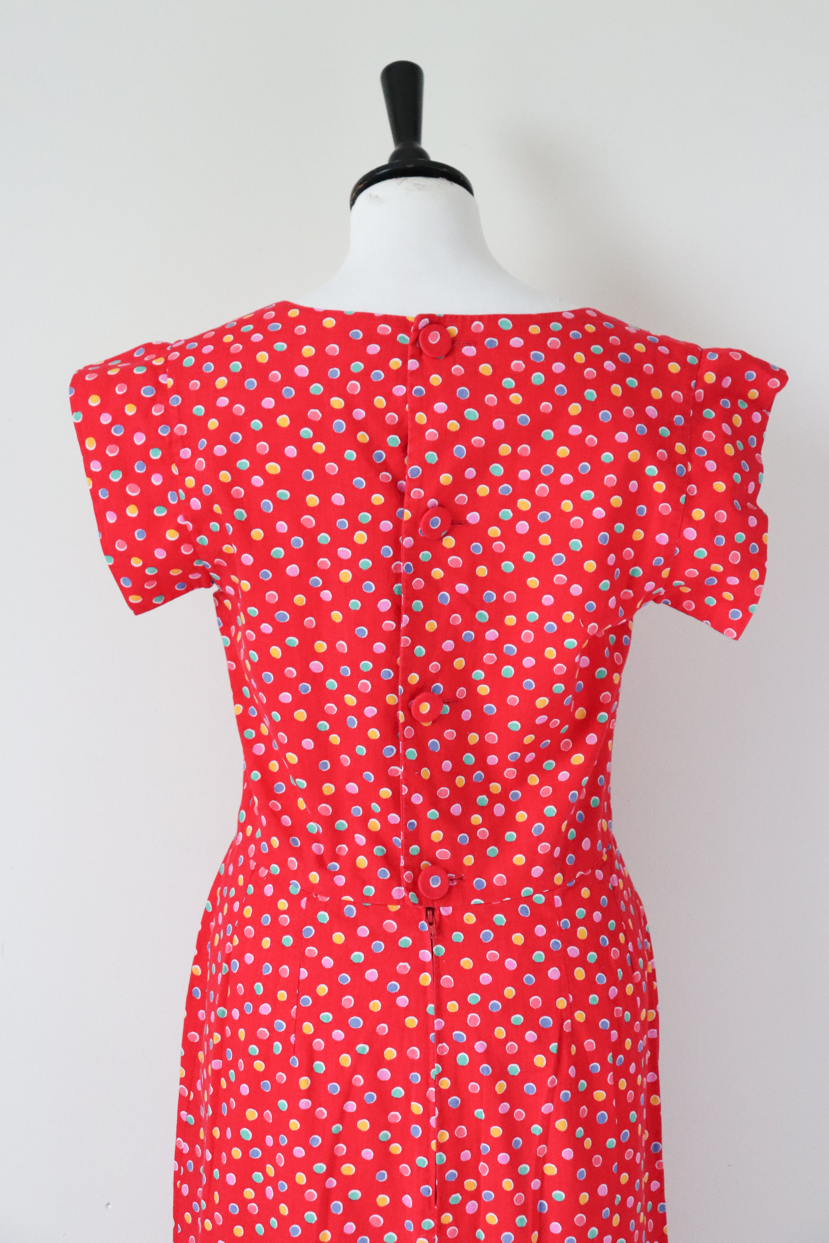 Vintage Red Cotton Spotted Summer Dress - 1940s Fitted Style - Small / UK 10