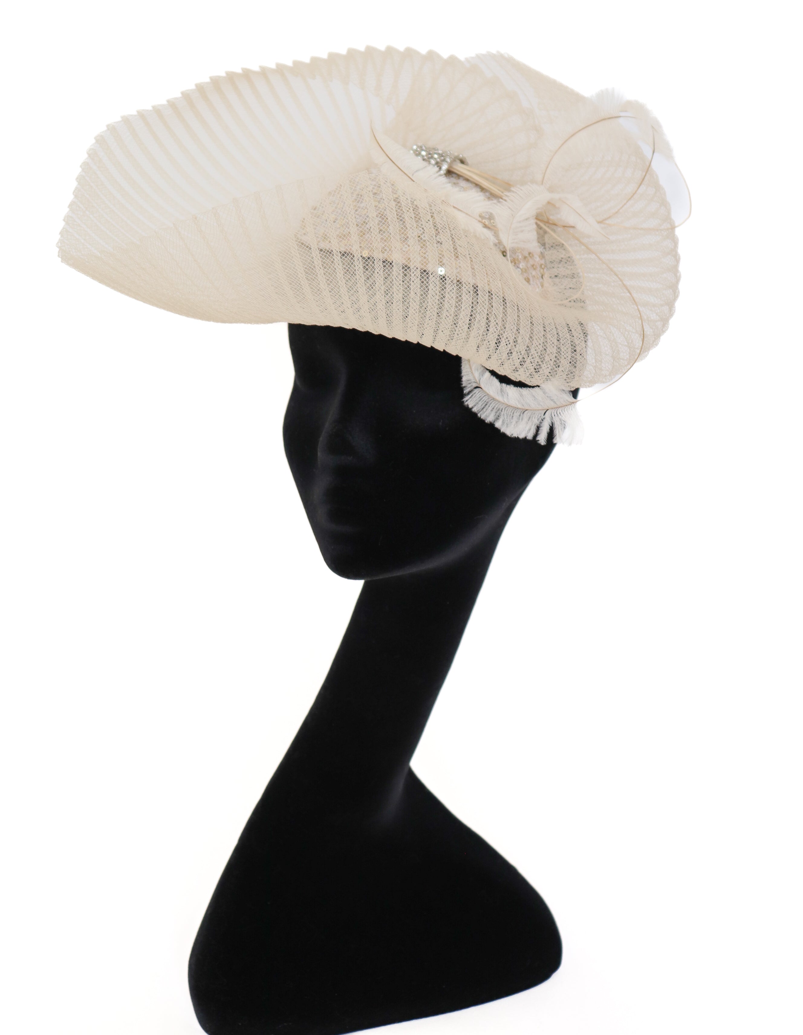 Nerida Fraiman Fascinator Hat - Ascot - Sequins / Feathers - Cream