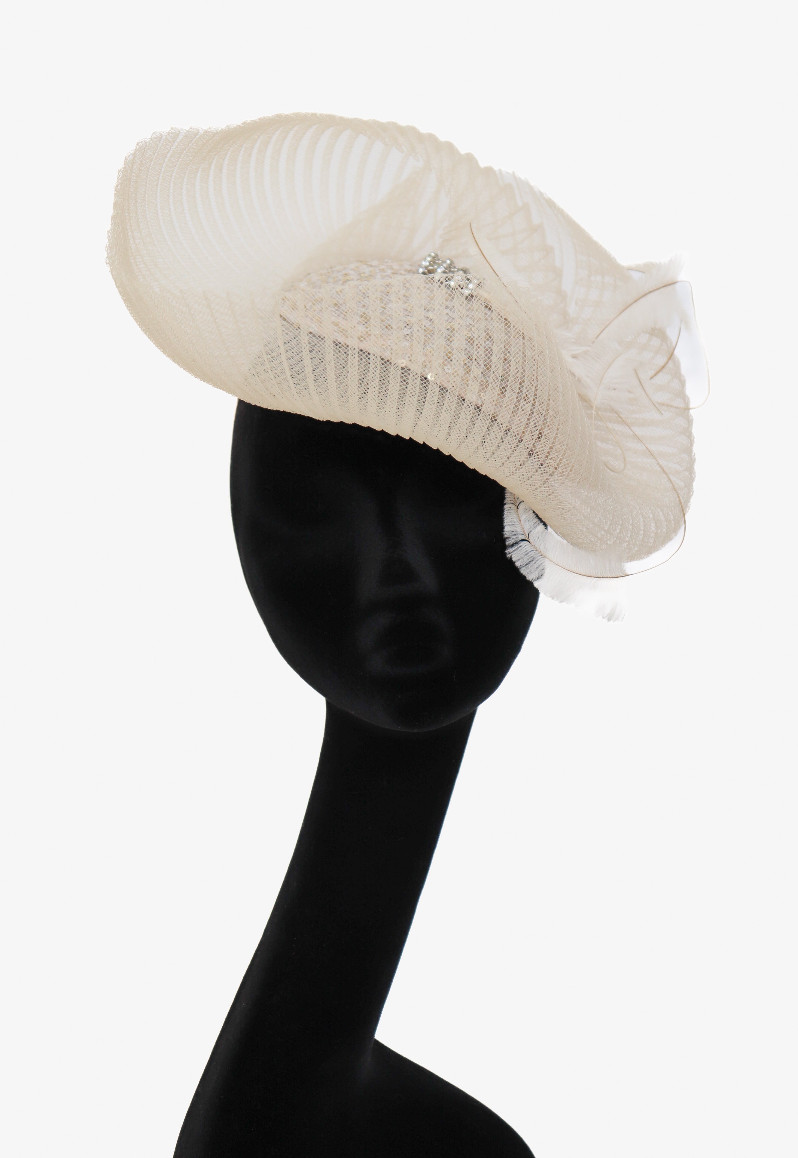 Nerida Fraiman Fascinator Hat - Ascot - Sequins / Feathers - Cream