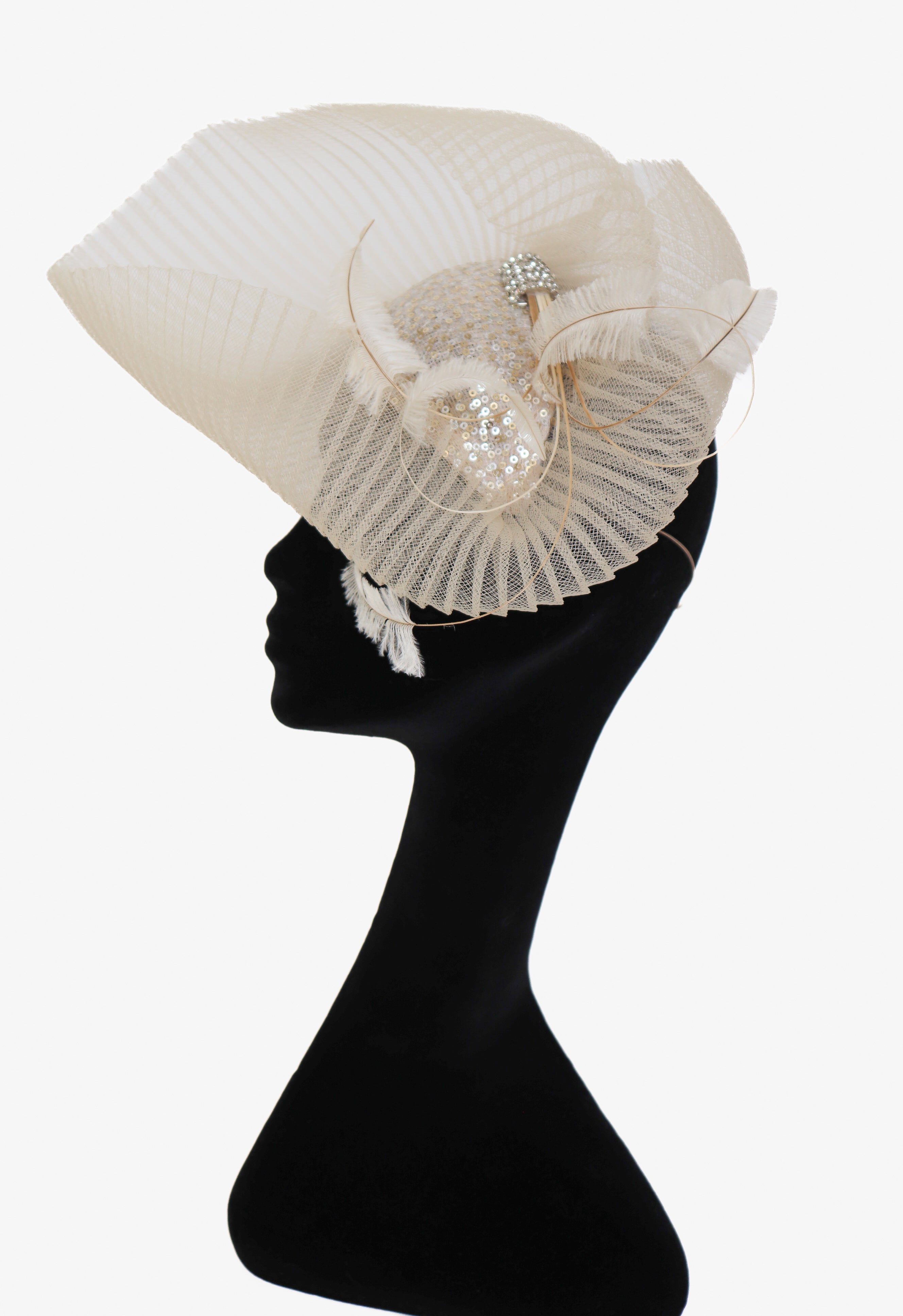 Nerida Fraiman Fascinator Hat - Ascot - Sequins / Feathers - Cream